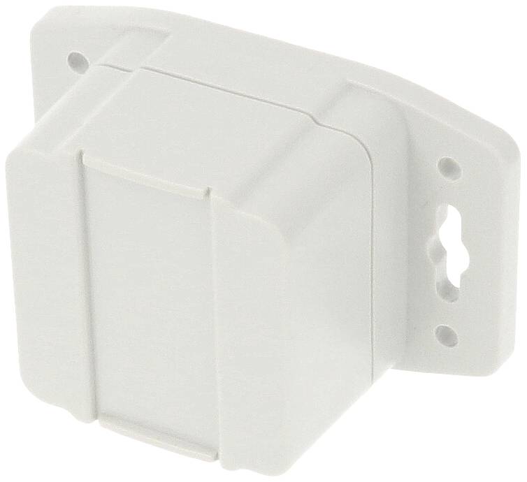 Ein weißes, rechteckiges, kunststoffbeschichtetes Gerät mit mehreren Löchern an der Befestigungsseite, wahrscheinlich ein Sensor oder Schalter.