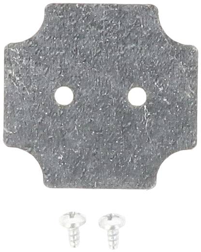 Metallplatte mit zwei Löchern, rechteckig geformt mit abgerundeten Ecken, liegt flach. Darunter zwei kleine Schrauben.