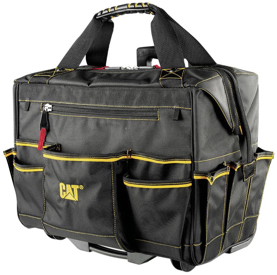 Schwarze Werkzeugtasche mit gelbem CAT-Logo und mehreren Außentaschen. Robuste Griffe und Reißverschlüsse.