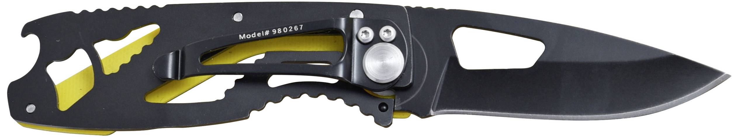 Ein modernes, schwarzes Taschenmesser mit offenem Klingendesign und gelbem Griff. Es besitzt einen Metallclip und zwei Schrauben.