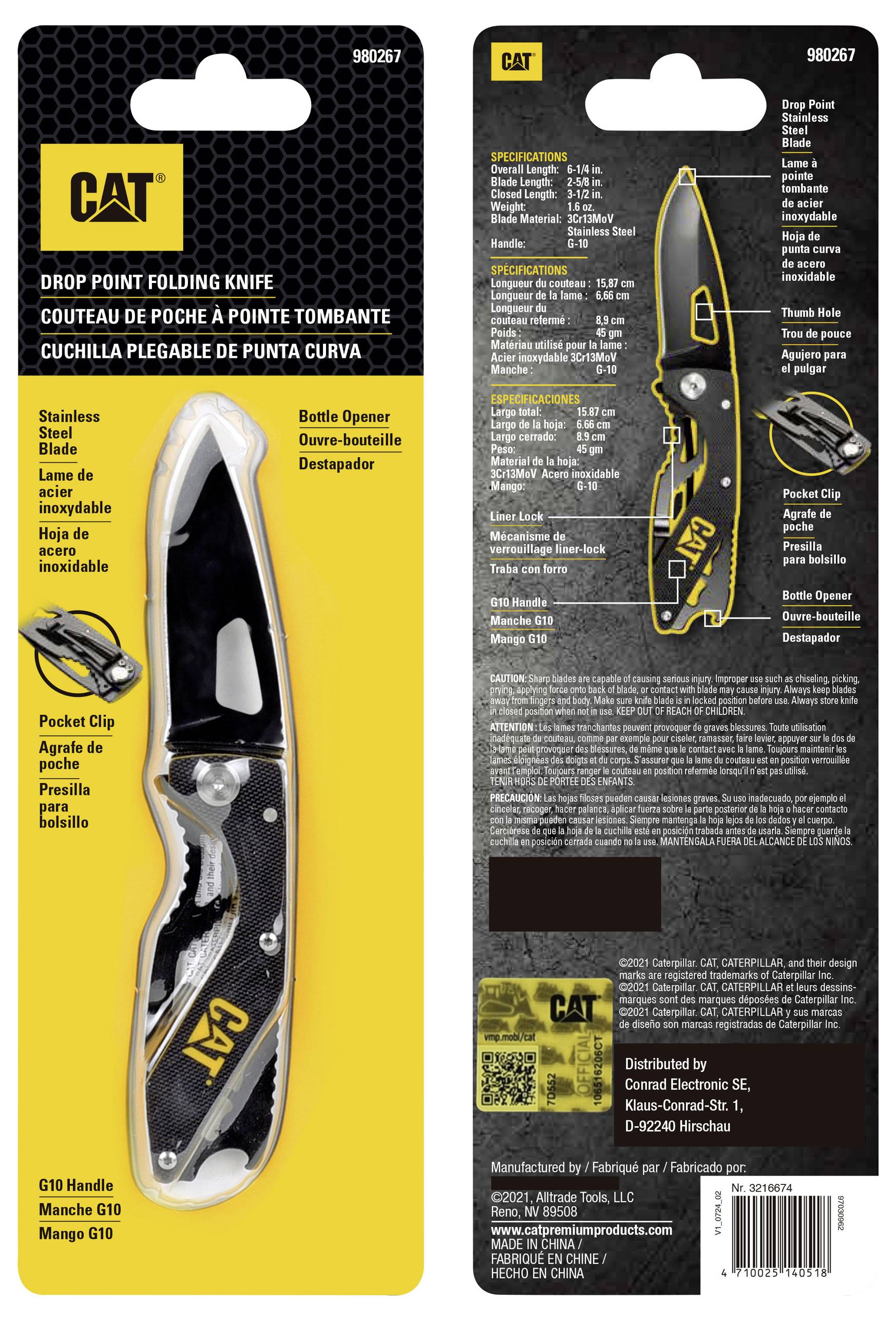 Klappmesser mit schwarzem Griff und gelber CAT-Logoschrift. Funktionen: Flaschenöffner, Taschenclip. Verpackungsbeschreibung in mehreren Sprachen.