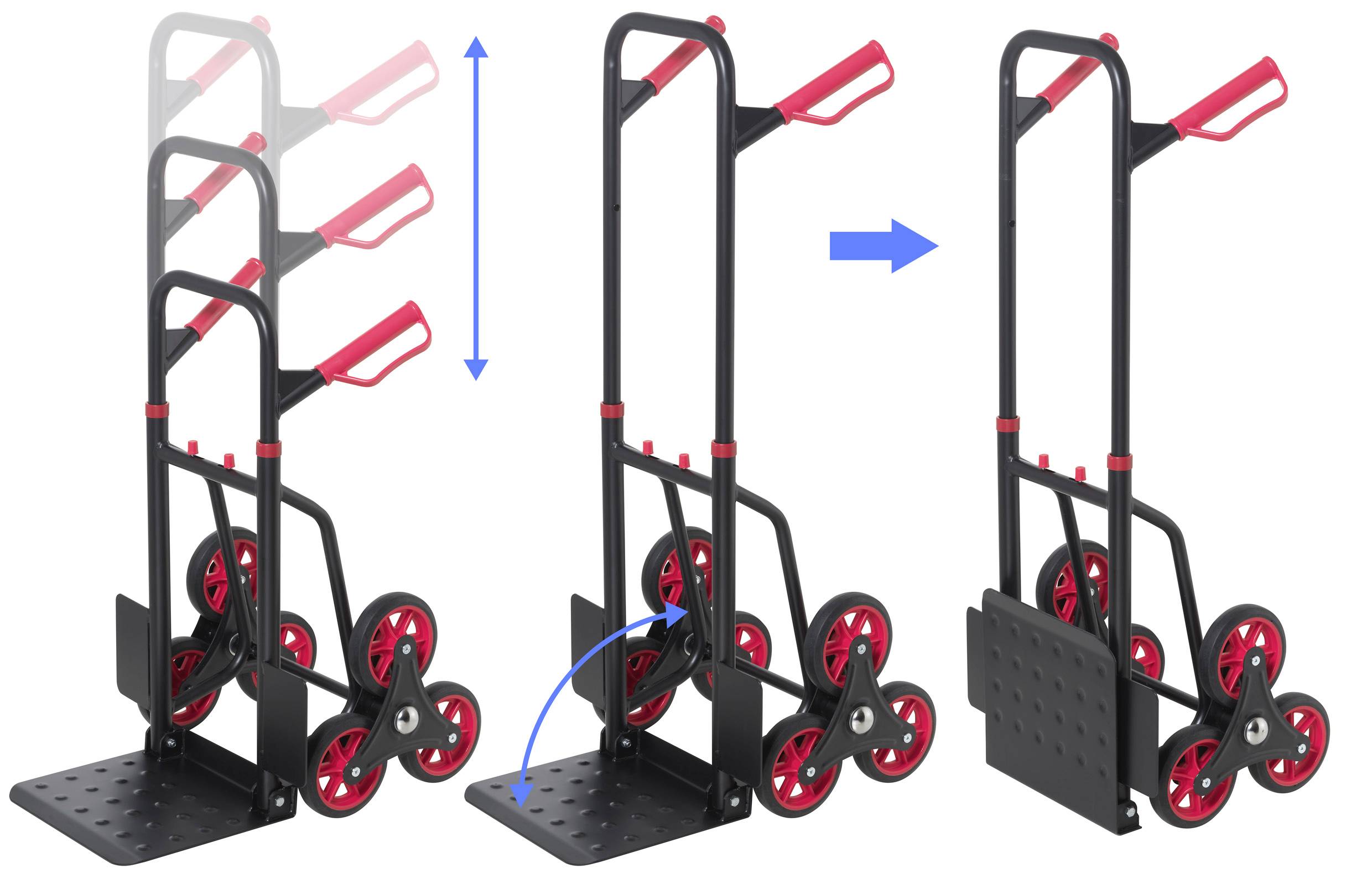 'Treppensteiger Sackkarre' zeigt drei Positionen: gefaltet, aufgeklappt und einsatzbereit. Die Räder sind dreifach angeordnet für einfaches Treppensteigen.