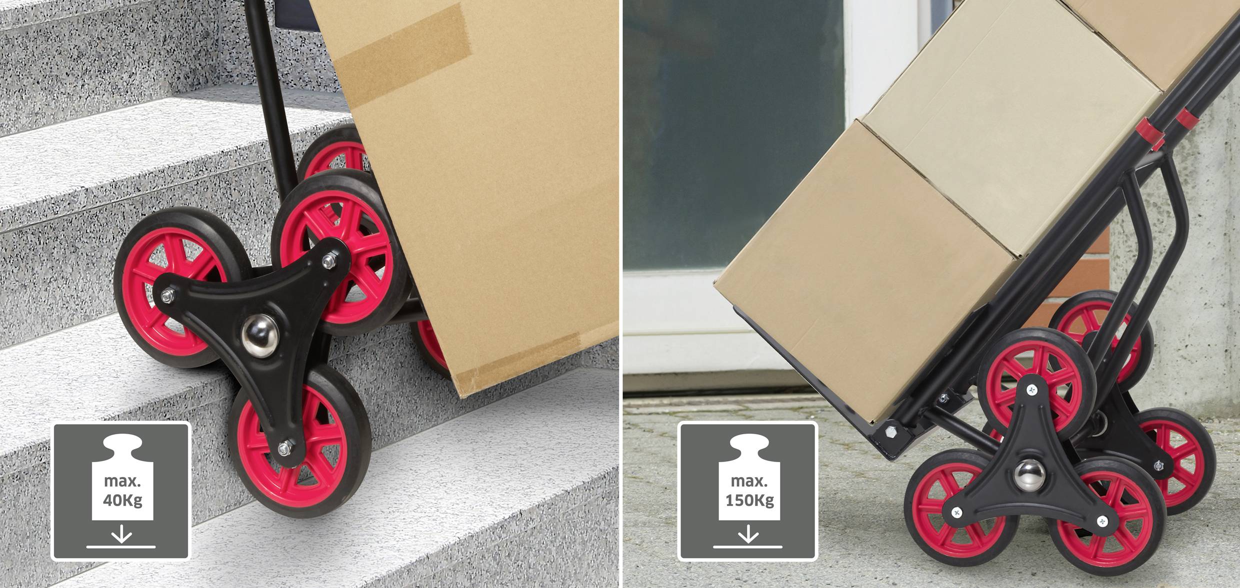 Treppensteiger-Trolley links trägt max. 40 kg und rechts max. 150 kg. Zeigt Transport von Kartons auf Treppen.