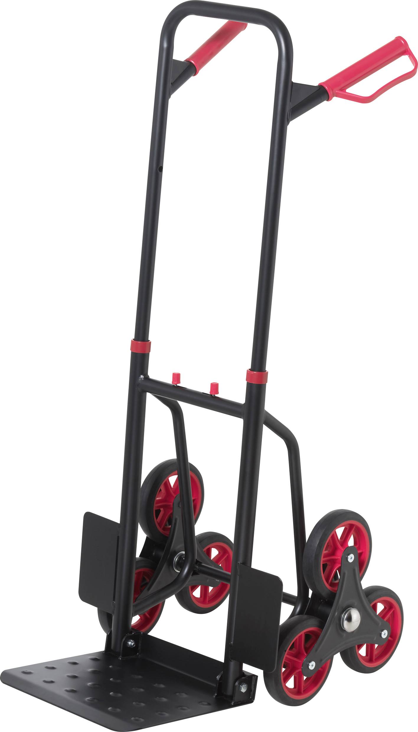 Ein schwarzer Sackkarren mit roten Griffen und sechs Rädern, die in dreieckiger Anordnung platziert sind, um Treppen zu steigen.