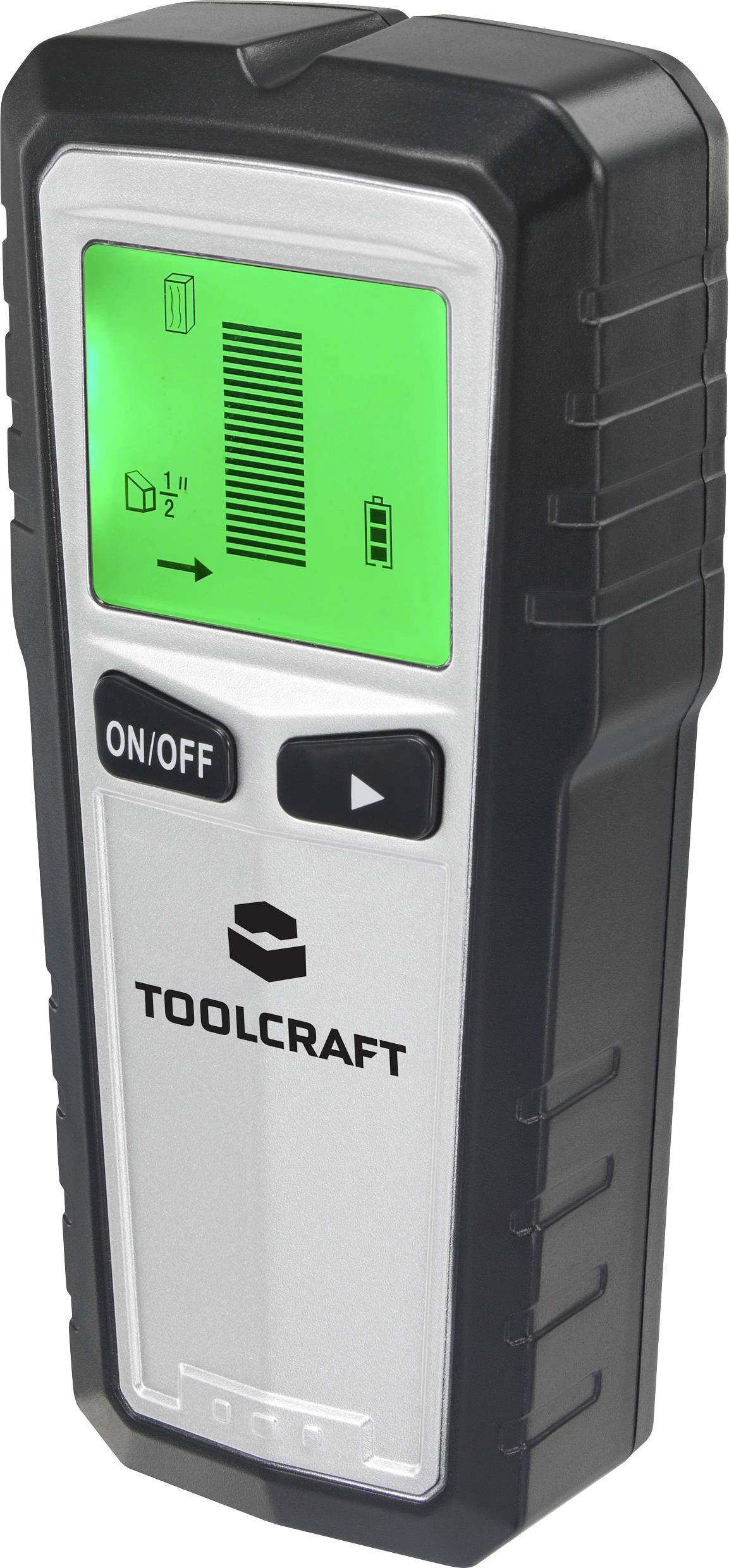 Ein digitales Ortungsgerät mit grünem Display zeigt verschiedene Messwerte an. Das Gerät hat einen Ein/Aus-Knopf und das Logo 'TOOLCRAFT'.