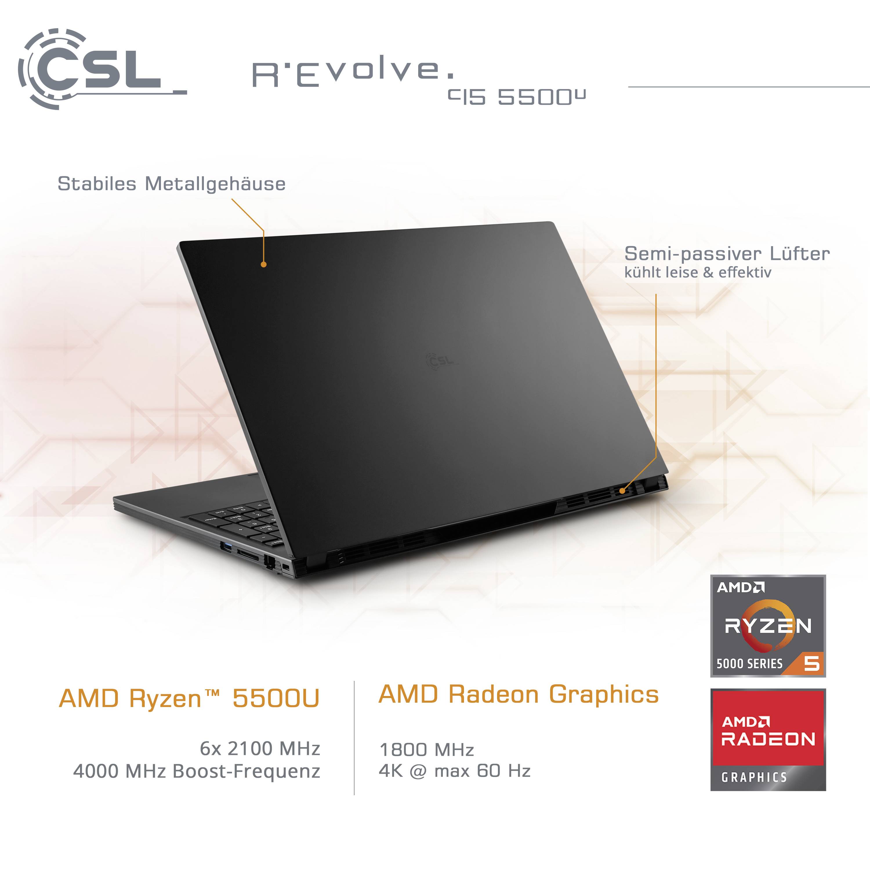 CSL Computer Notebook R'Evolve C15 5500U 38.1cm (15 Zoll) Full HD AMD Ryzen 5 5500U 8GB RAM 500GB SSD Deutsch, QWERTZ Grau 90575