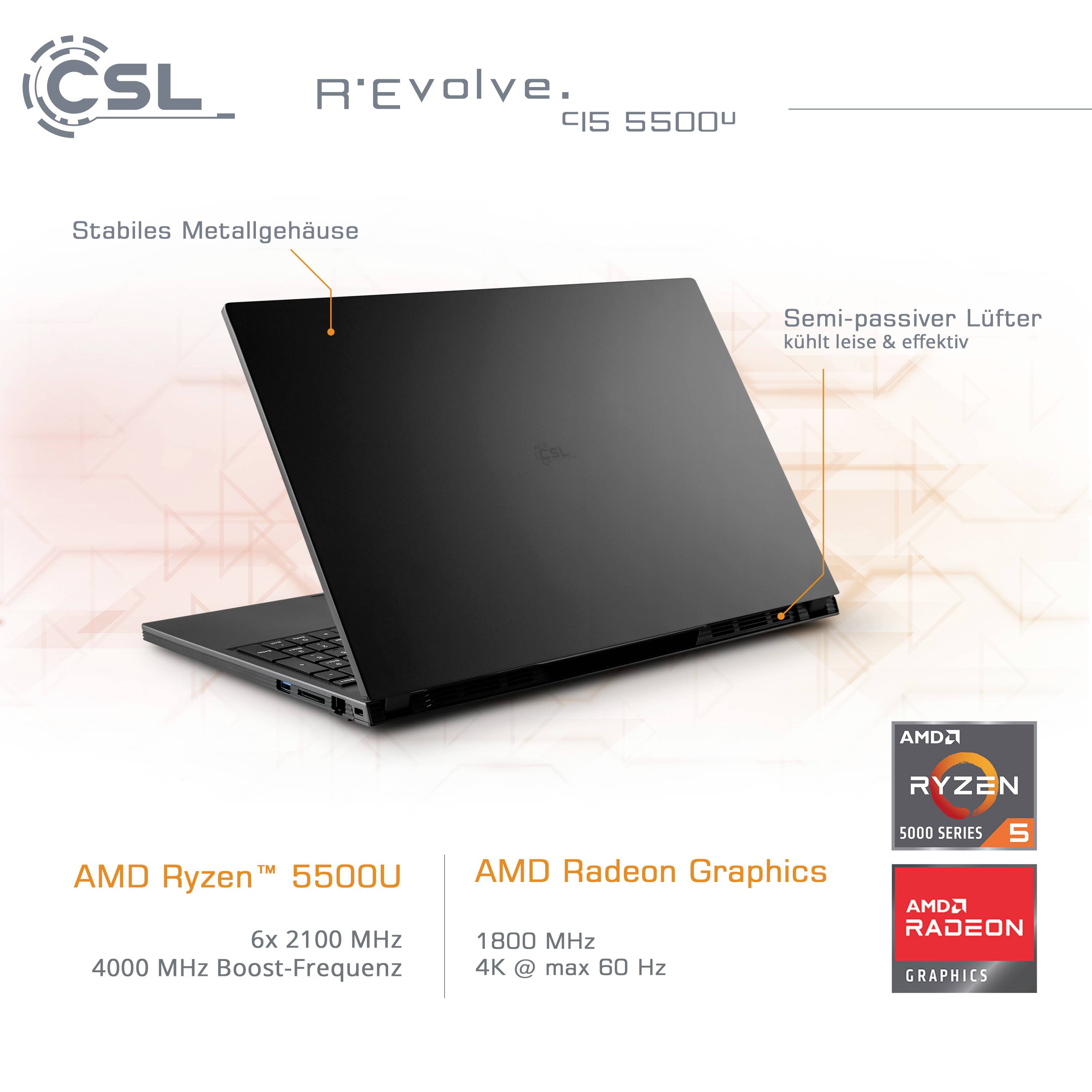 CSL Computer Notebook R'Evolve C15 5500U 38.1cm (15 Zoll) Full HD AMD Ryzen 5 5500U 16GB RAM 500GB SSD Deutsch, QWERTZ Grau 9058