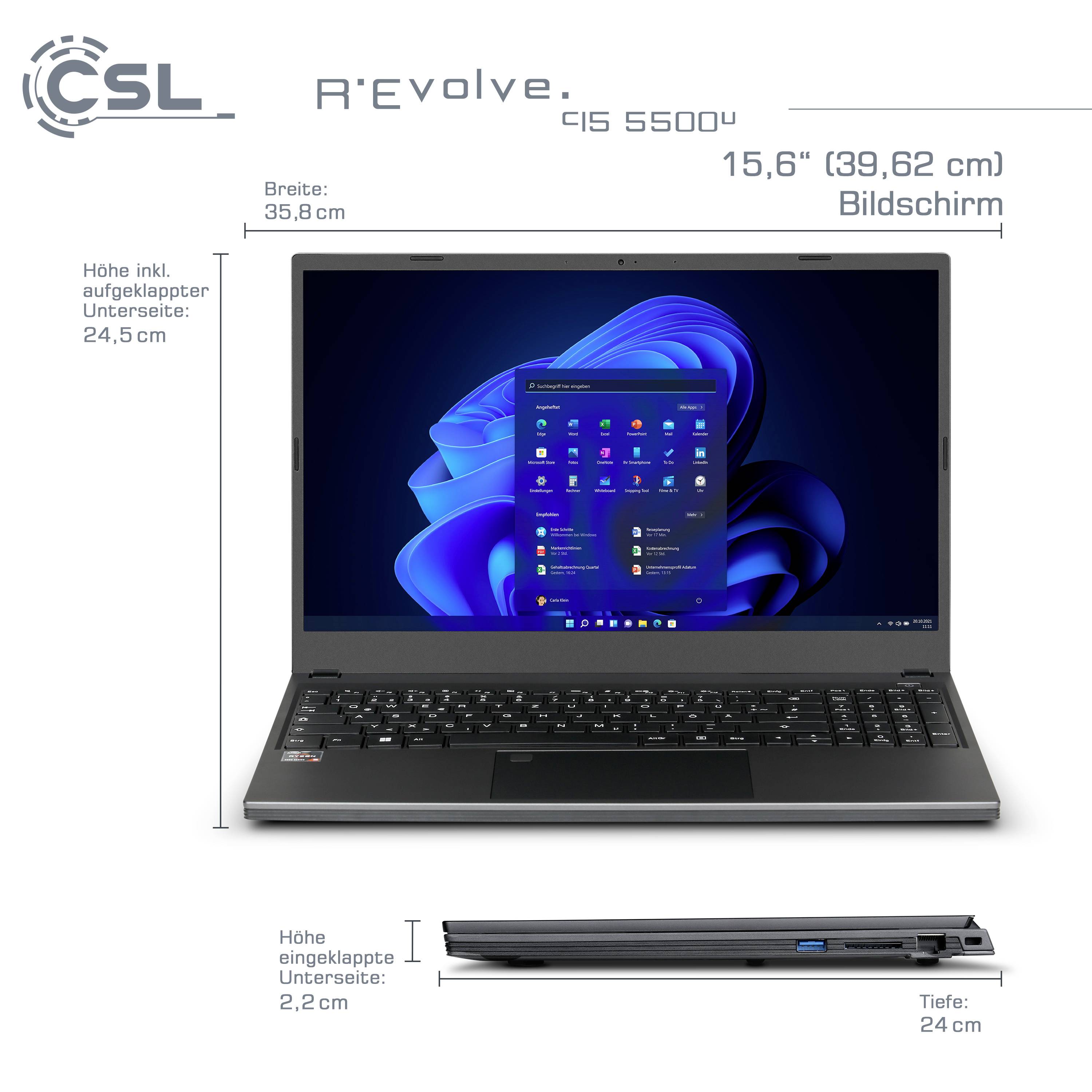 CSL Computer Notebook R'Evolve C15 5500U 38.1cm (15 Zoll) Full HD AMD Ryzen 5 5500U 64GB RAM 1TB SSD Deutsch, QWERTZ Grau 90627
