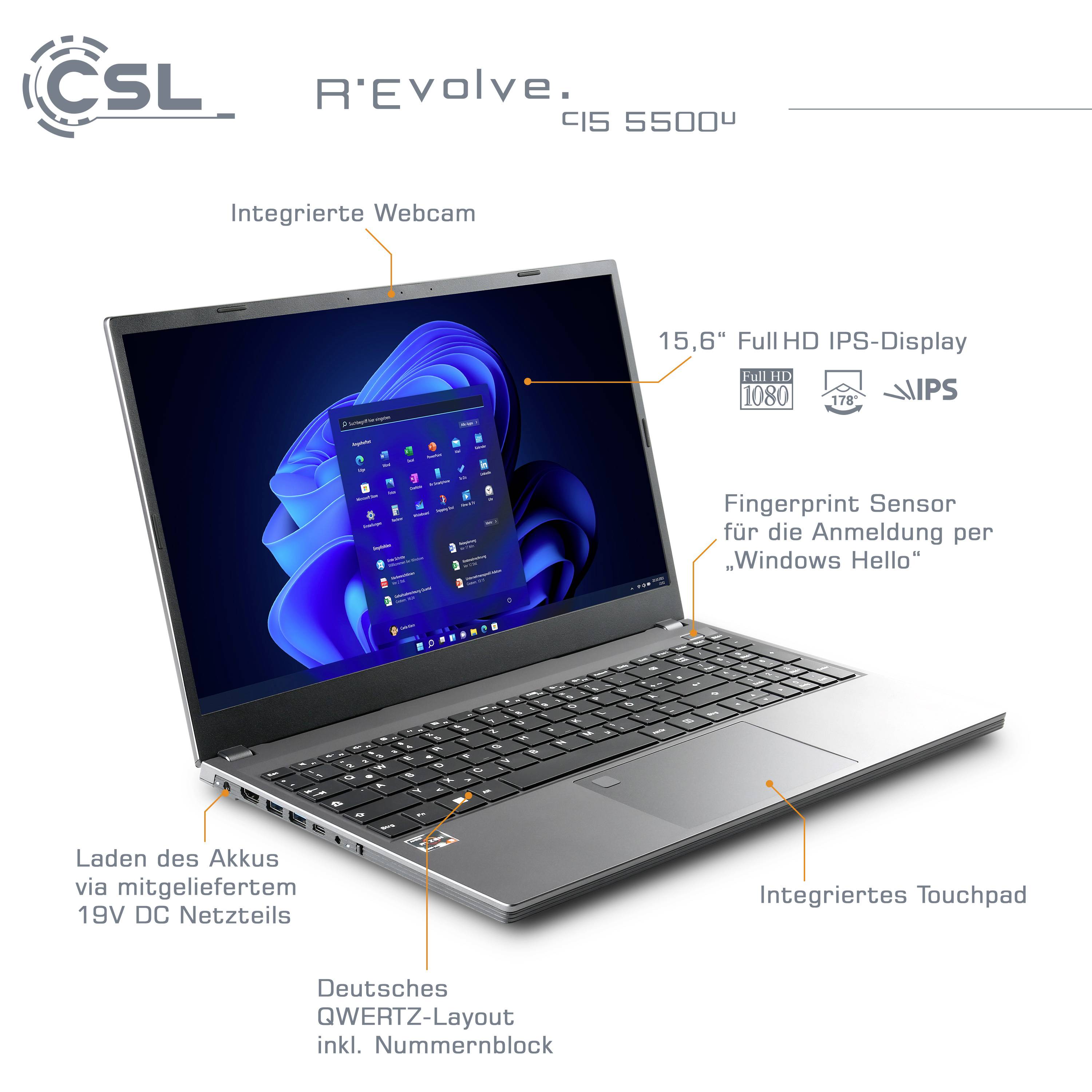 CSL Computer Notebook R'Evolve C15 5500U 38.1cm (15 Zoll) Full HD AMD Ryzen 5 5500U 64GB RAM 2TB SSD Deutsch, QWERTZ Grau 90632