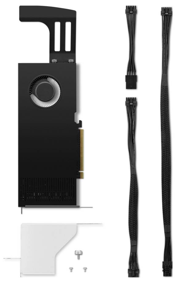 Grafikkarte mit Kühleinheit und Lüfter, zwei Stromkabel, eine weiße Blende und Schrauben. Geeignet für professionelle Computeranwendungen.