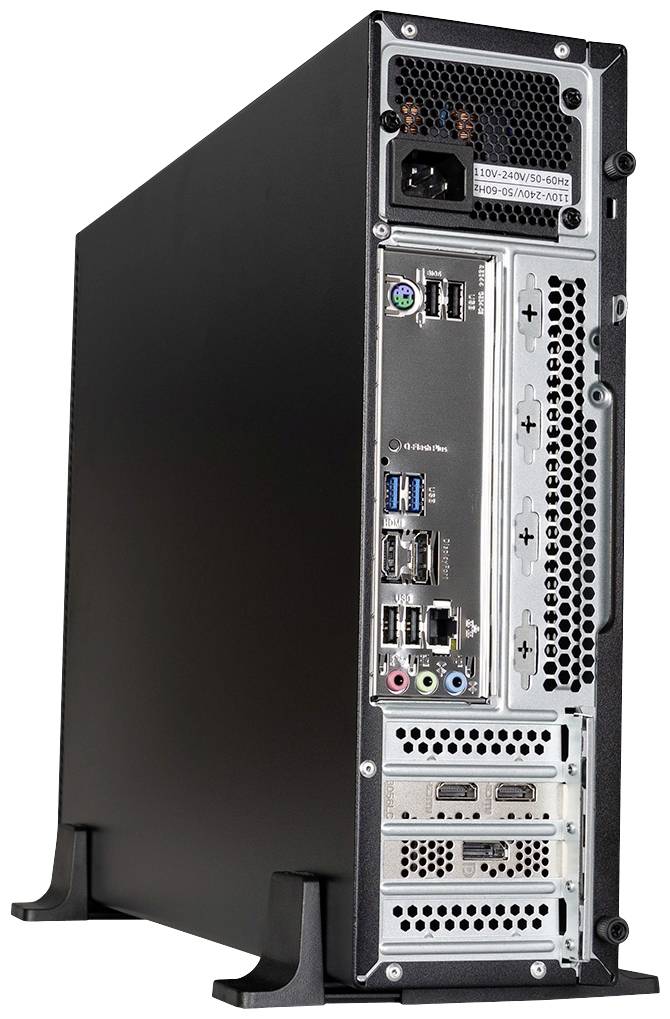 Ein schwarzer Computer-Tower von hinten gezeigt, mit sichtbaren Anschlüssen wie USB, HDMI und Netzanschluss.