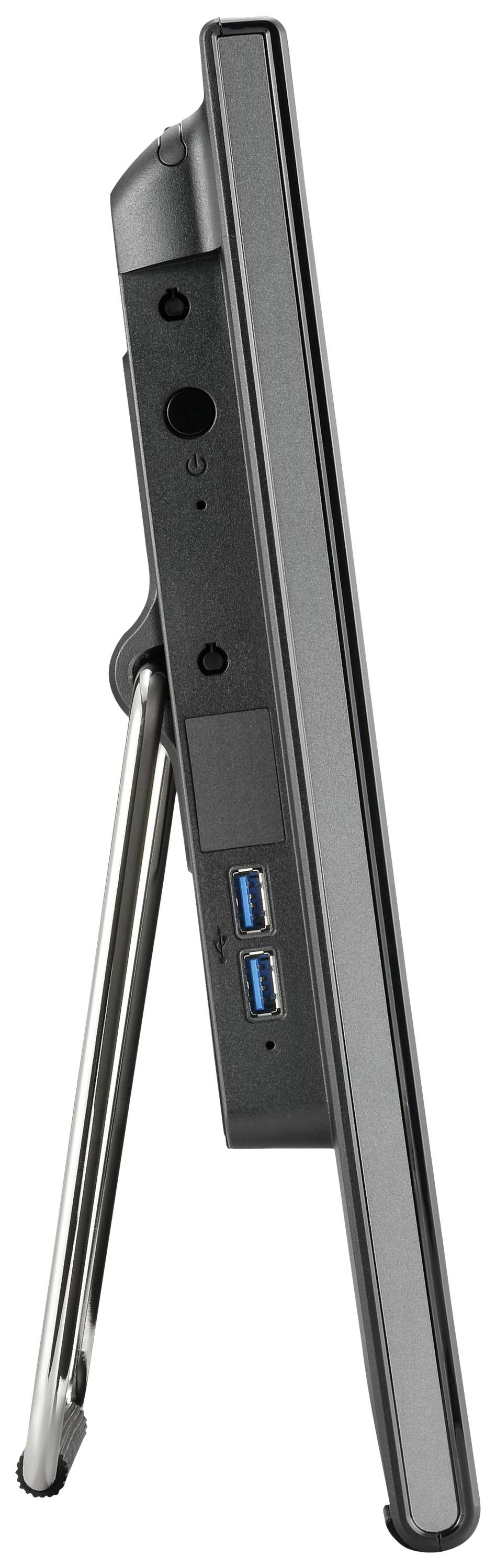 Seitenansicht eines schlanken, aufrechten Monitors mit einem Metallständer und mehreren Anschlüssen, darunter USB-Ports.
