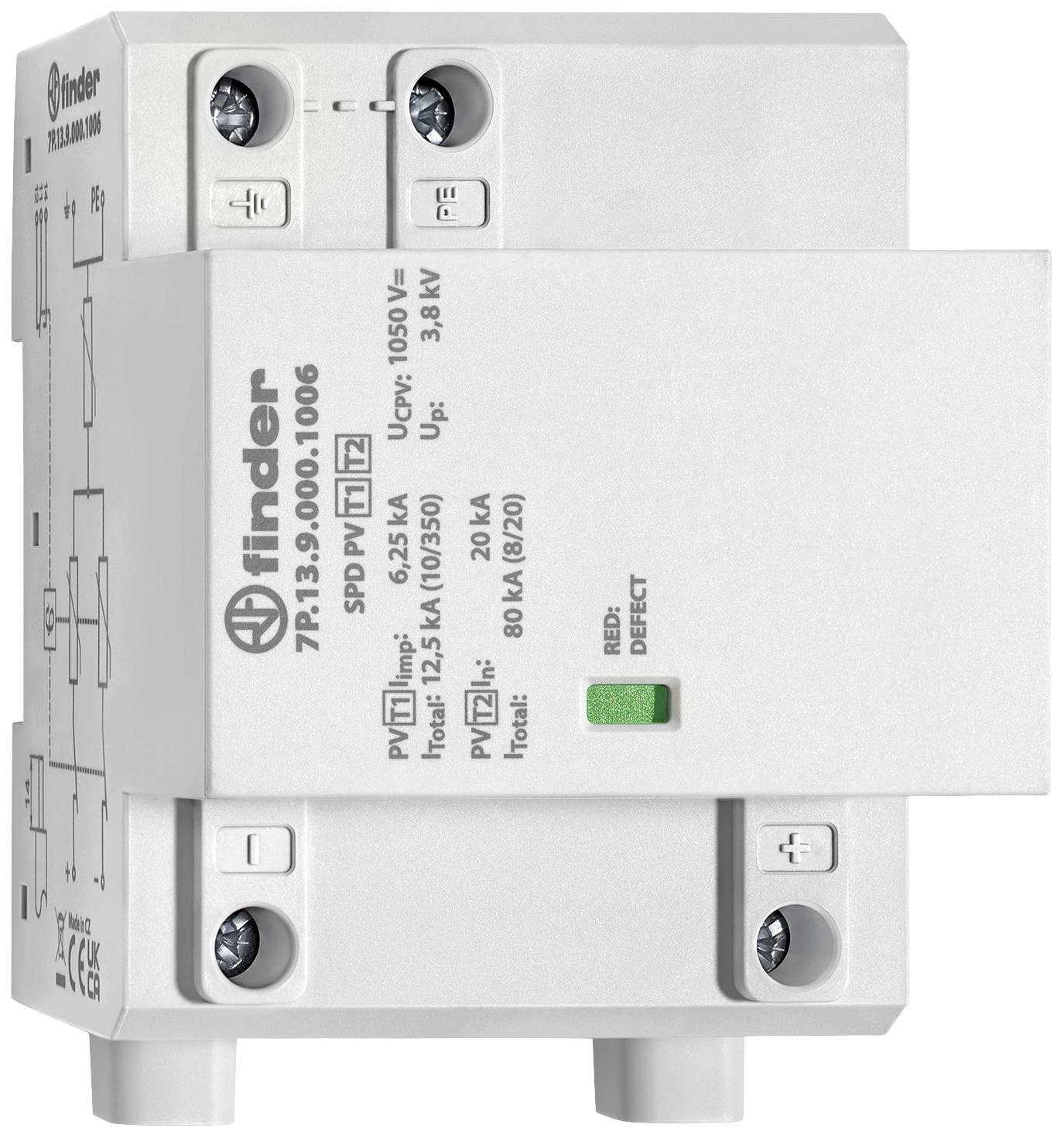 Überspannungsschutzgerät der Marke Finder im Gehäuse mit technischen Spezifikationen auf der Vorderseite, geeignet für PV-Anlagen.