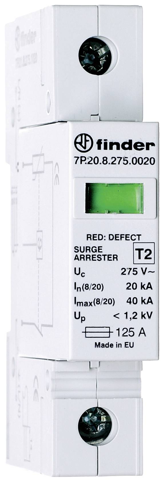 Überspannungsschutzgerät von Finder für 275 V. Weißes Gehäuse mit grünem Indikatorfenster und technischen Spezifikationen aufgedruckt.