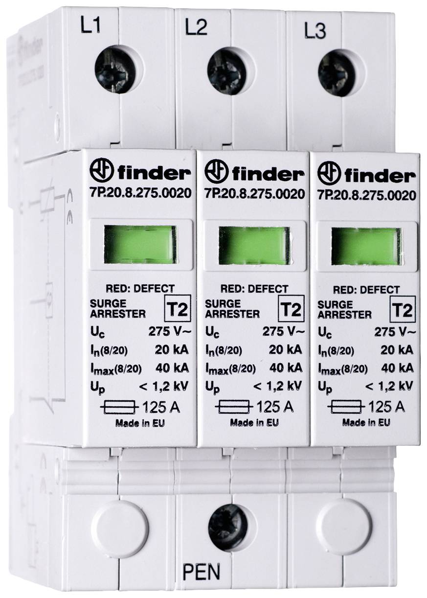 Dreipoliger Überspannungsableiter von Finder mit beschrifteten grünen Anzeigen und technischen Informationen, für 275V Anwendungen.