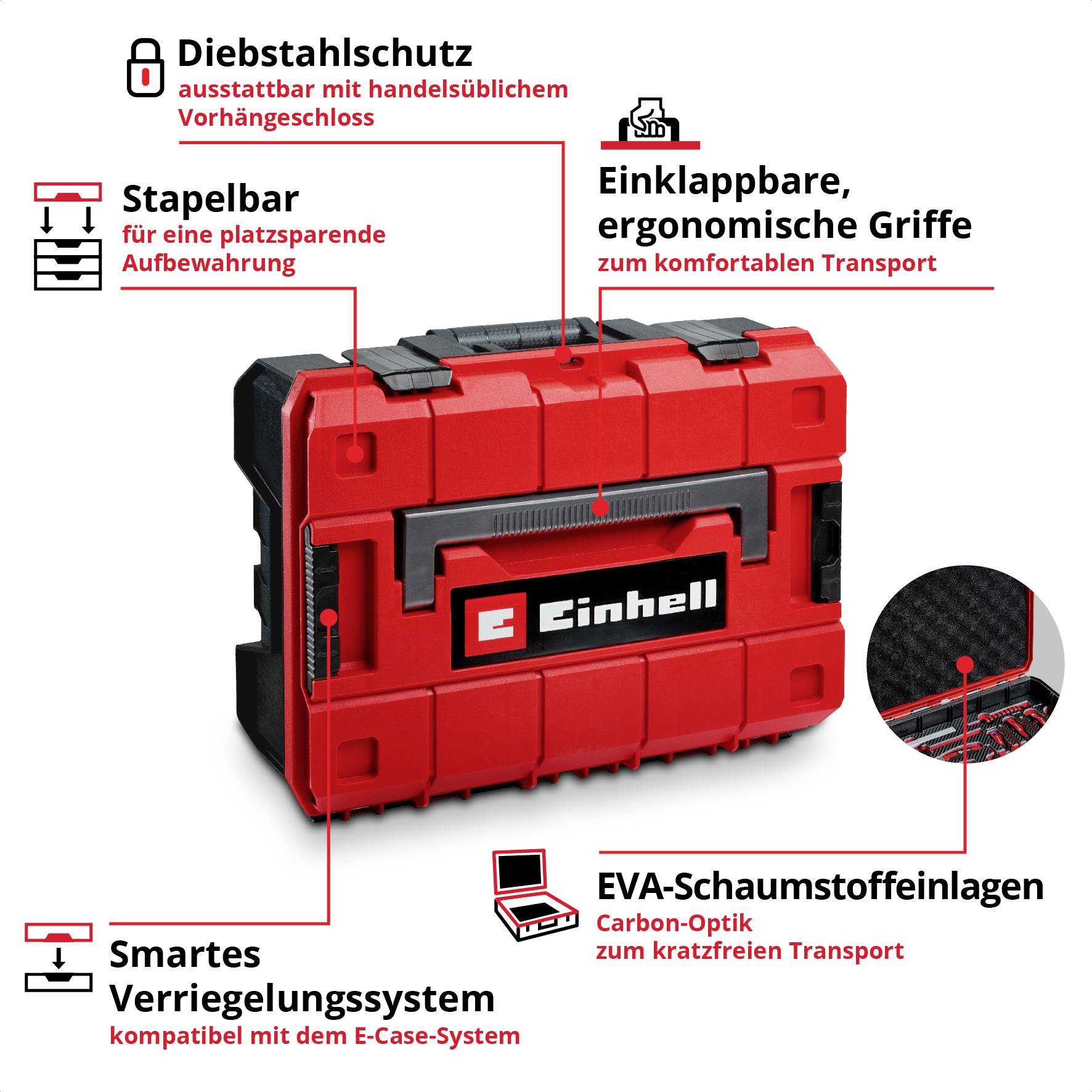 Einhell Werkzeugkoffer mit Diebstahlschutz, klappbaren Griffen, stapelbar, E-Case-System und EVA-Schaumstoffeinlagen.