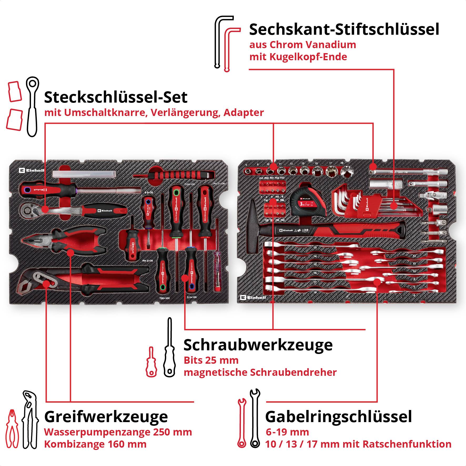 Werkzeugset in einem Koffer: Sechskant-Stiftschlüssel, Steckschlüssel-Set, Schraubwerkzeuge, Greifwerkzeuge, Gabelringschlüssel.