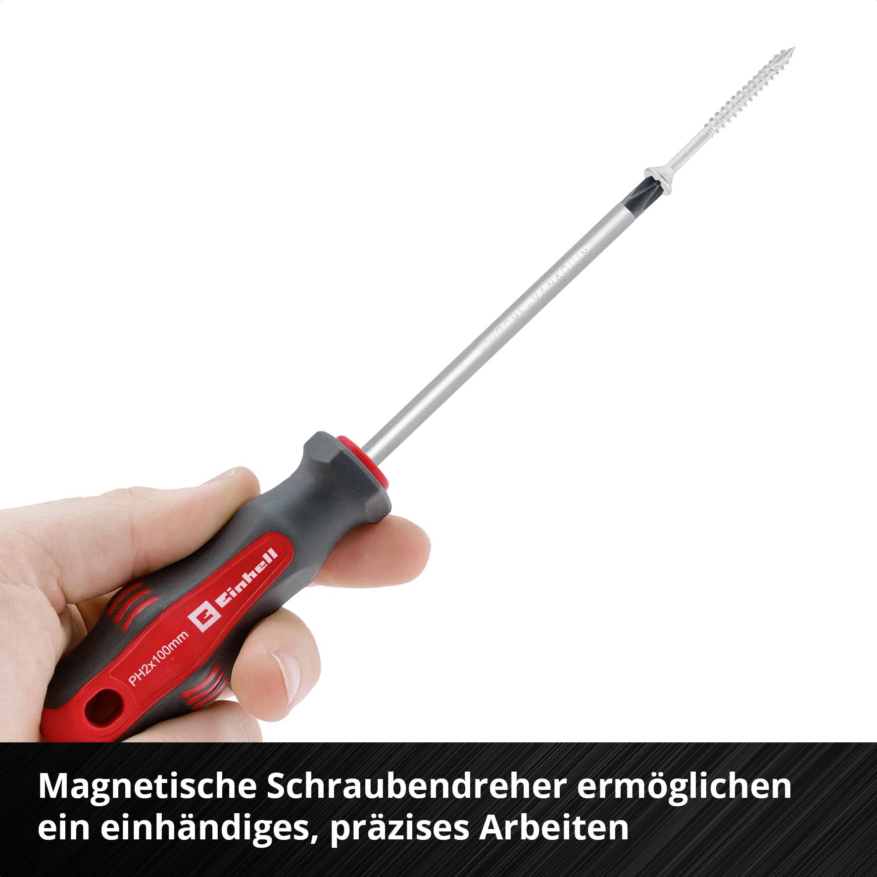 Hand hält einen magnetischen Schraubendreher, der für einhändiges, präzises Arbeiten entwickelt wurde, mit rotem und schwarzem Griff.