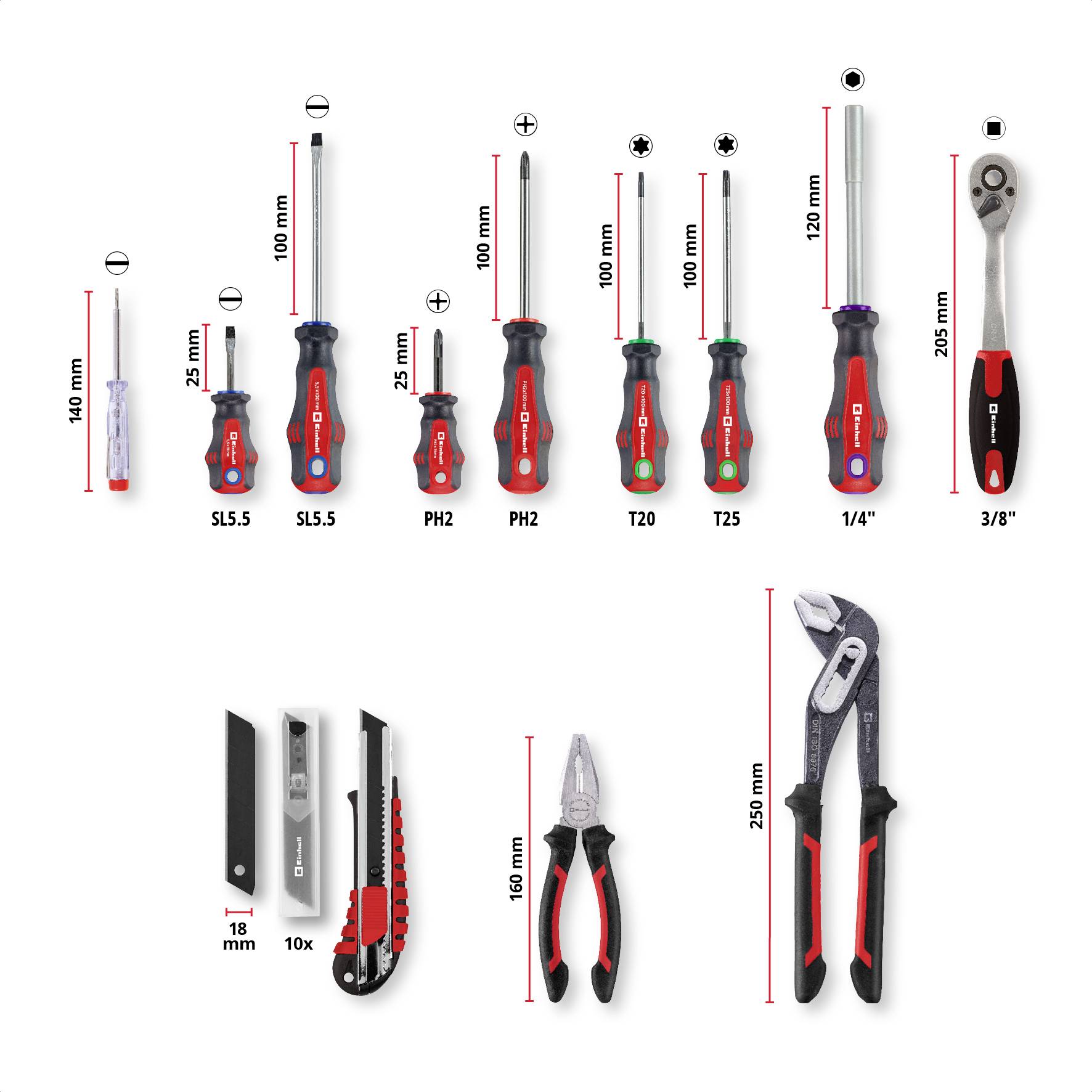 Ein Satz verschiedener Werkzeuge mit Schraubendrehern, Ratsche, Cuttermesser, Zange und Wasserpumpenzange mit Längenangaben.
