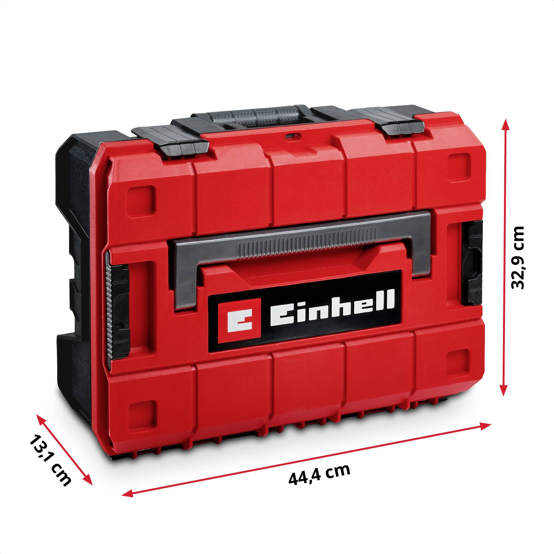 Einhell Werkzeugkoffer aus rotem Kunststoff, Maße: 44,4 cm Breite, 32,9 cm Höhe, 13,1 cm Tiefe.