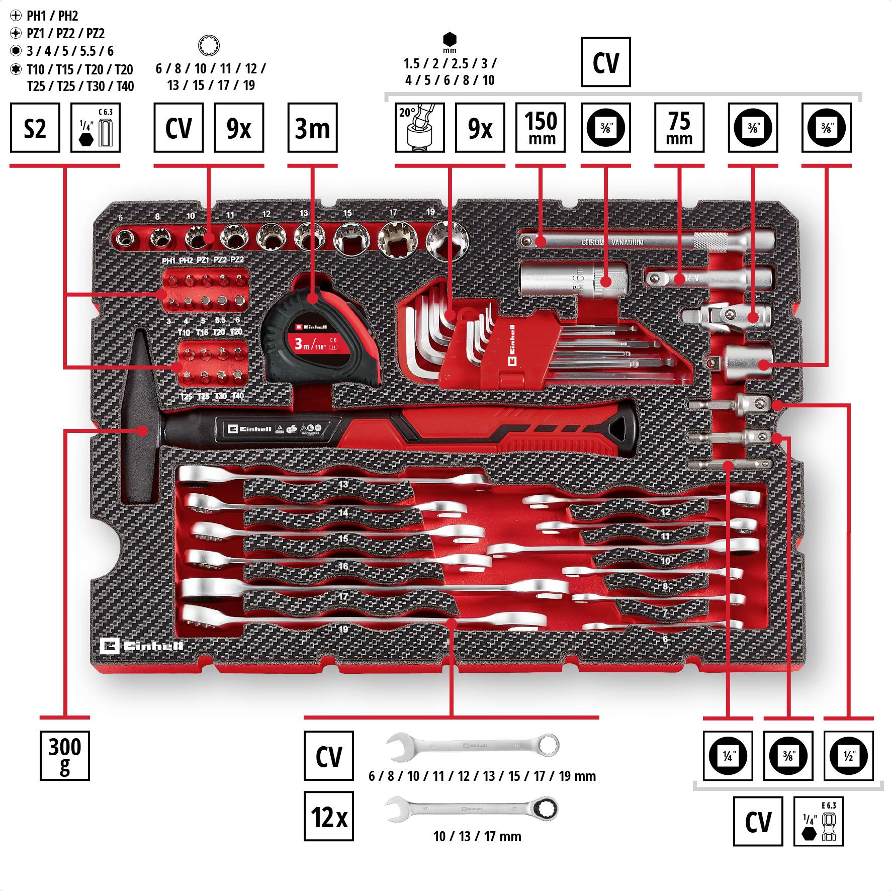Einhell 80-tlg. Werkzeugkoffer Universal 370570 Werkzeugkoffer bestückt 80teilig (B x H x T) 44.4 x 32.9 x 13.1cm