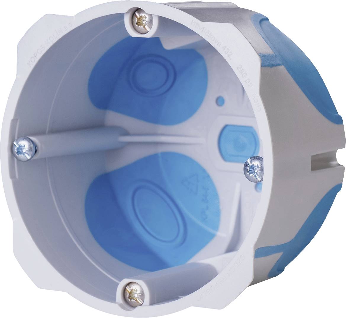 Runde Hohlwanddose aus Kunststoff mit blauer und weißer Oberfläche, drei Schrauben zur Befestigung im Inneren sichtbar.