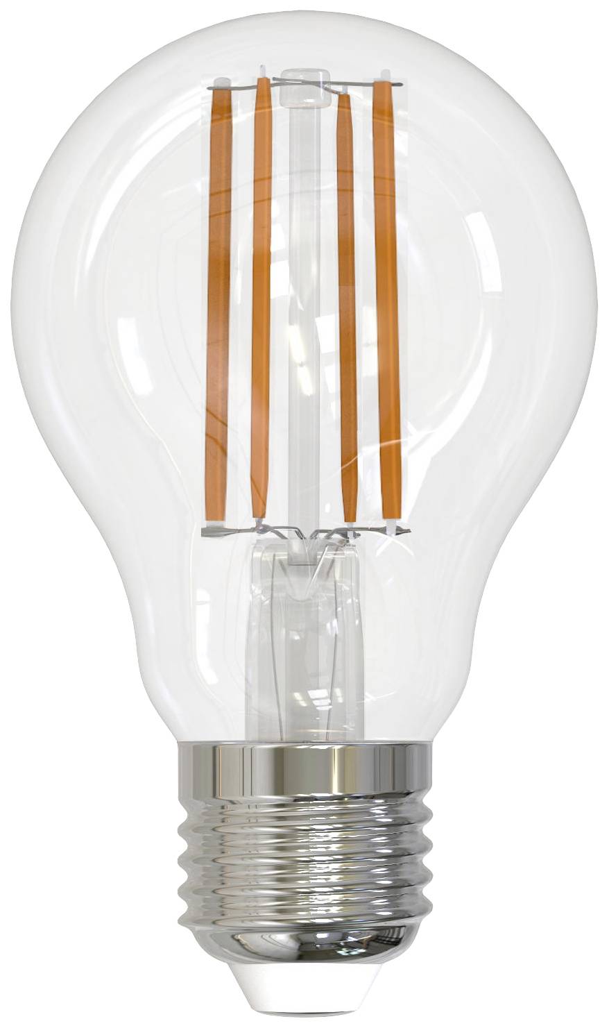Eine klare Glühbirne mit sichtbaren Filamenten, die modernes Design und Energieeffizienz symbolisiert.