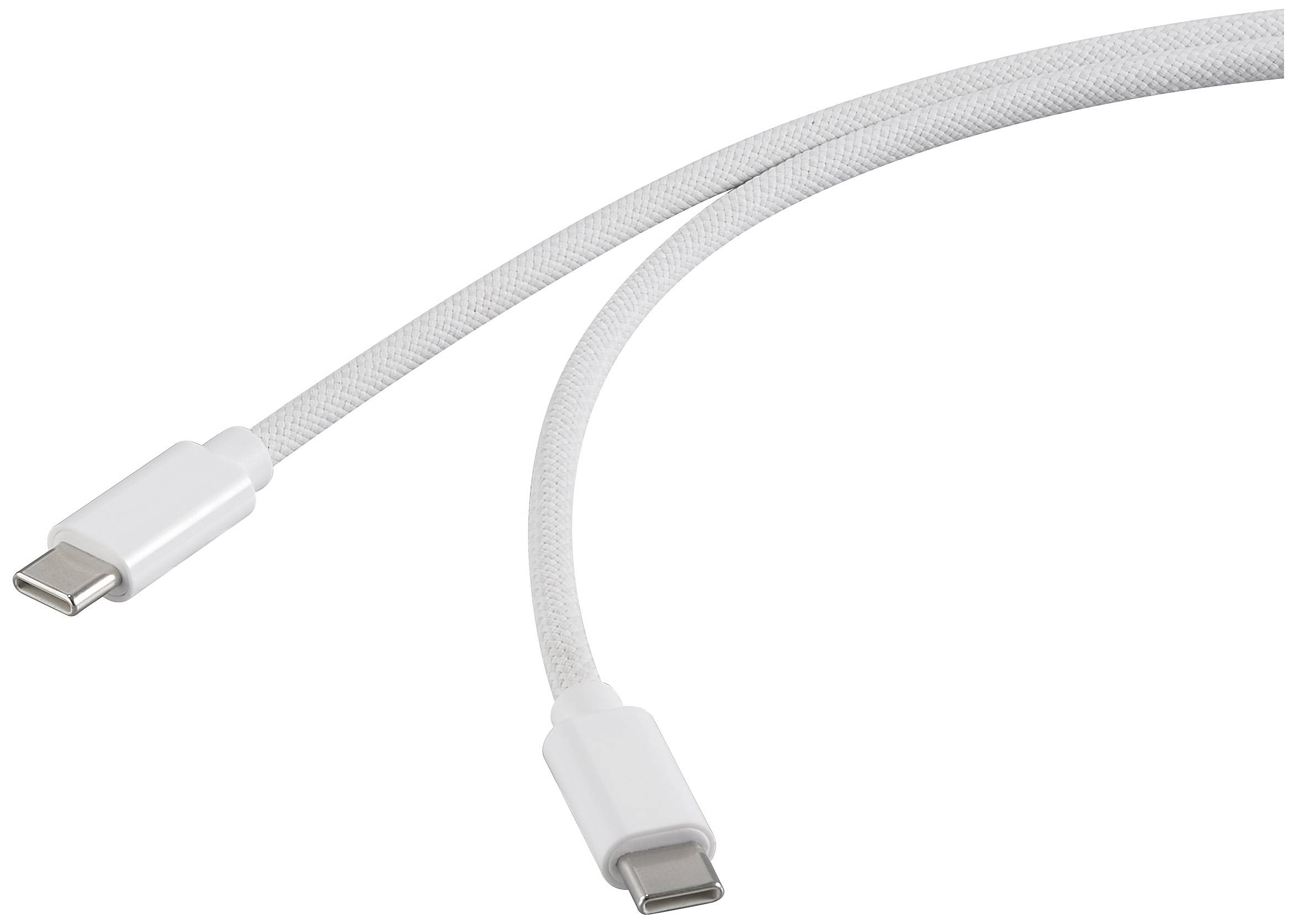 Ein weißes USB-C-Kabel mit gewebtem Schutzmantel, gezeigt mit beiden Steckern sichtbar.