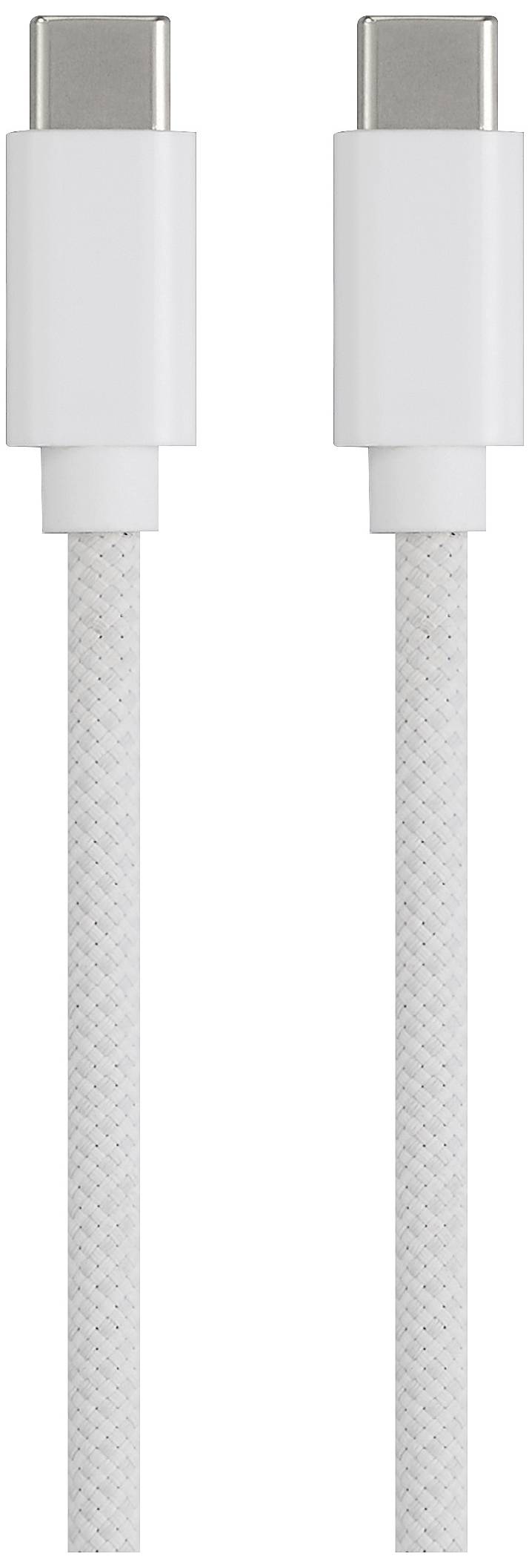 Zwei weiße USB-C-Kabel mit geflochtenem Design sind nebeneinander angeordnet und zeigen die Steckverbinder an beiden Enden.