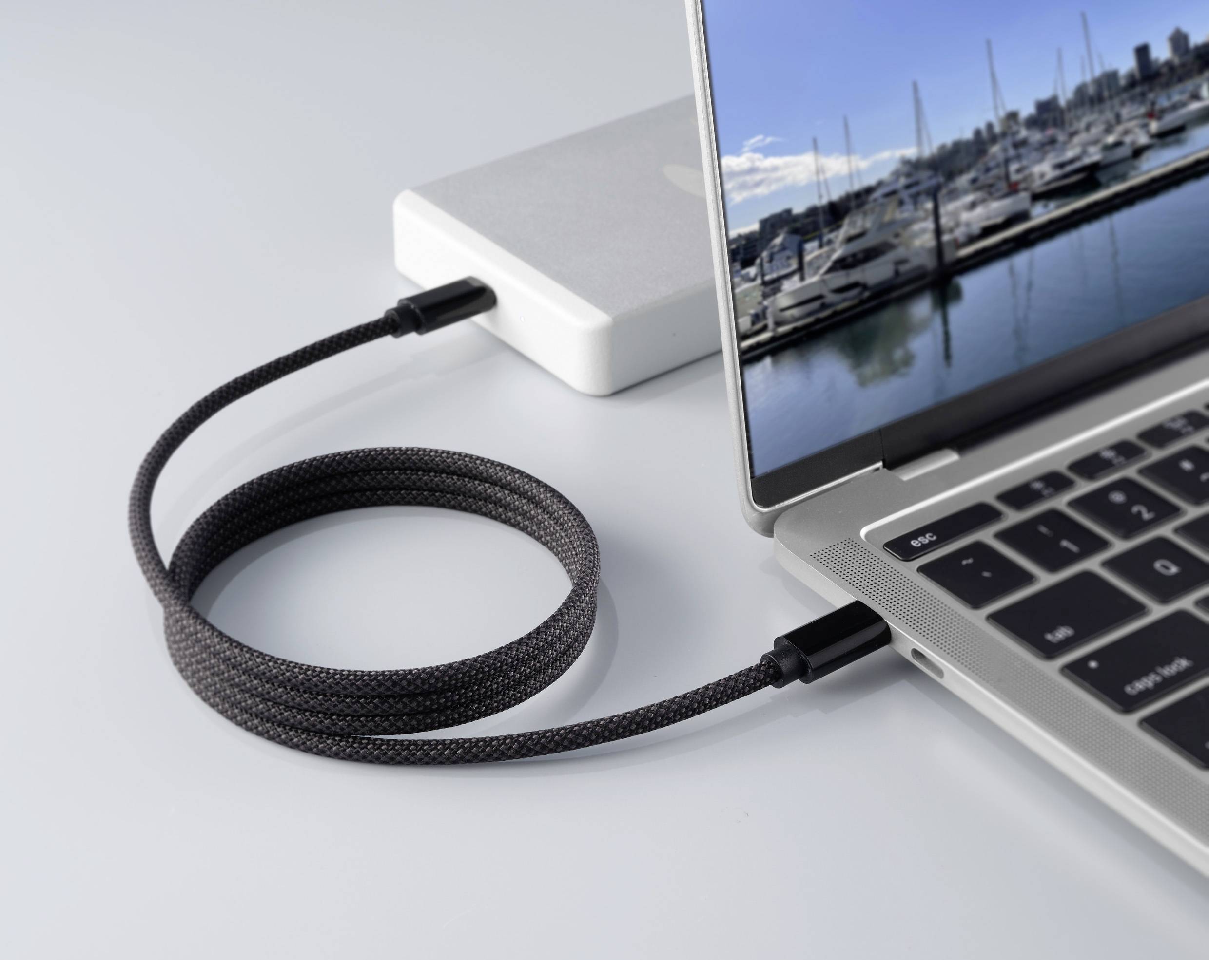 Ein Laptop ist über ein geflochtenes Ladekabel mit einer externen Festplatte verbunden. Im Hintergrund ist ein Hafen auf dem Bildschirm sichtbar.