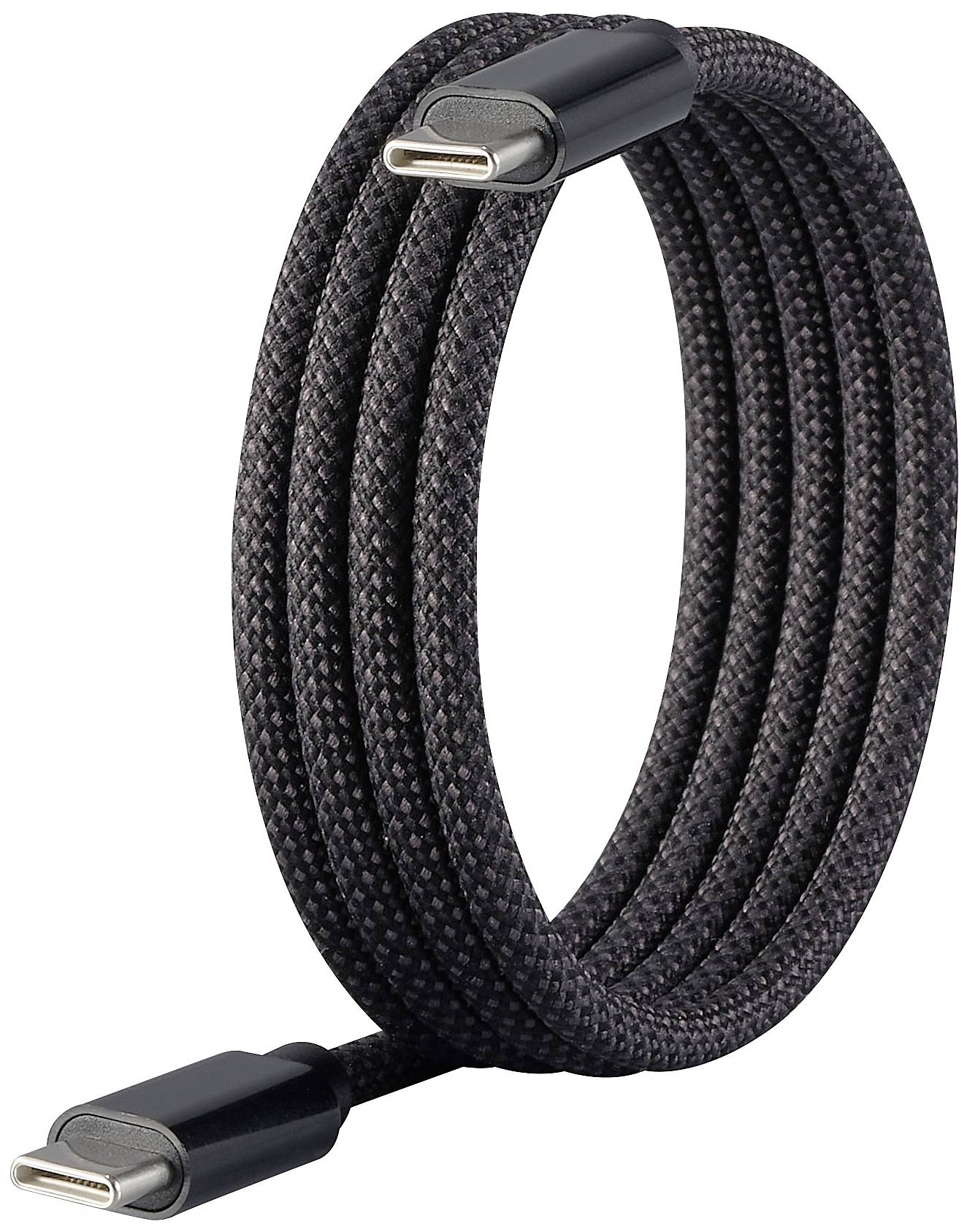 Schwarzes, geflochtenes USB-C-Kabel, gewickelt.