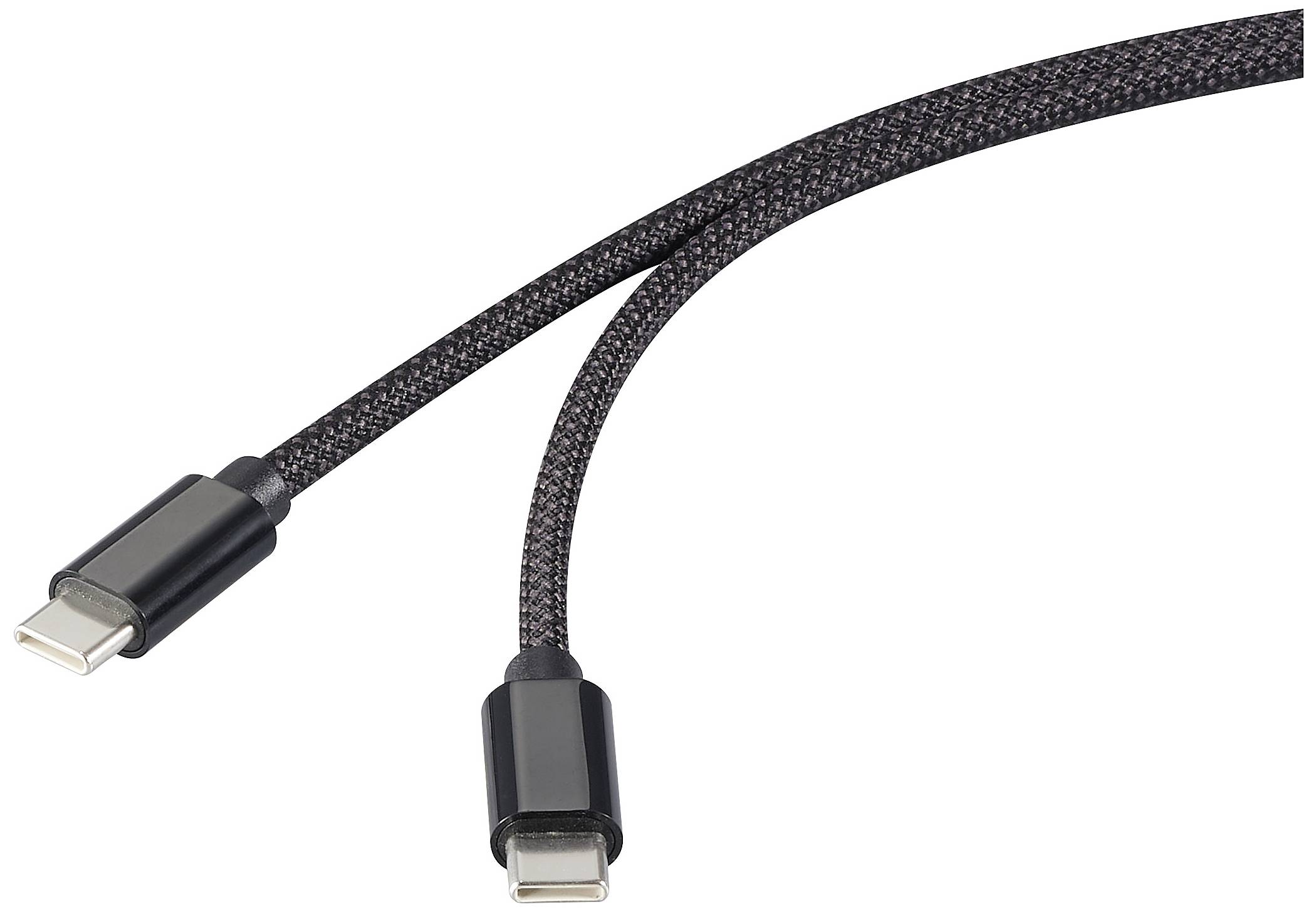 Schwarzes, geflochtenes USB-C-Kabel mit zwei Steckern an beiden Enden, geeignet zum Laden oder zur Datenübertragung.