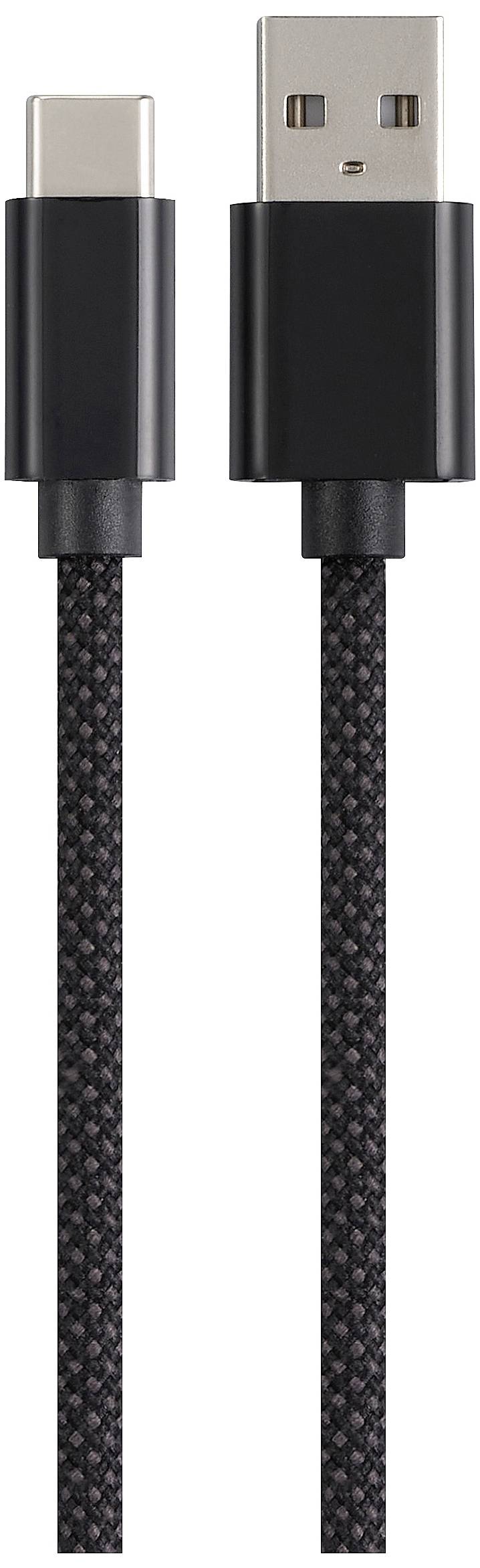 Ein schwarzes Ladekabel mit USB-C- und USB-A-Anschlüssen auf einem grauen Hintergrund.