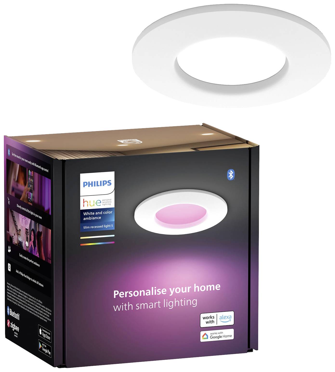 Verpackung einer Philips Hue White and Color Ambiance Leuchte mit Bluetooth, geeignet für smarte Heimbeleuchtung.