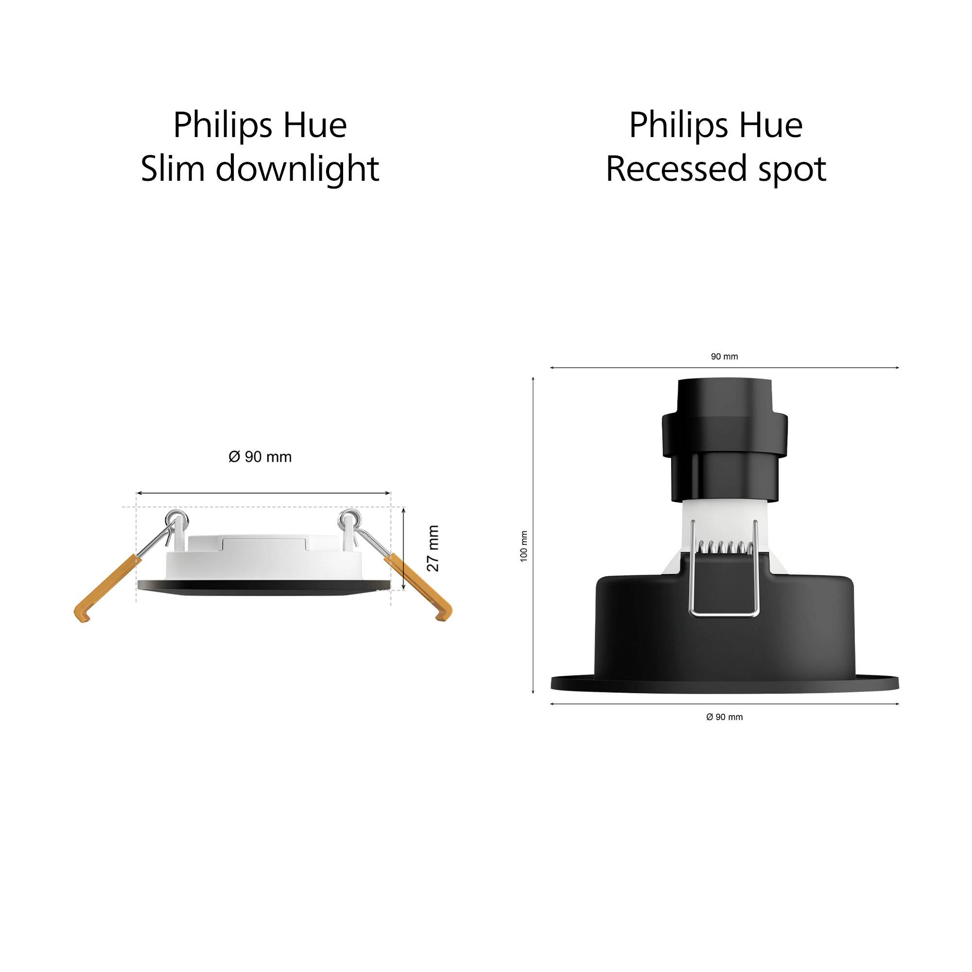 Der Vergleich zeigt zwei Philips Hue Leuchten: 'Slim downlight' mit 90 mm Durchmesser und 27 mm Höhe, und 'Recessed spot' mit markantem Aufbau.