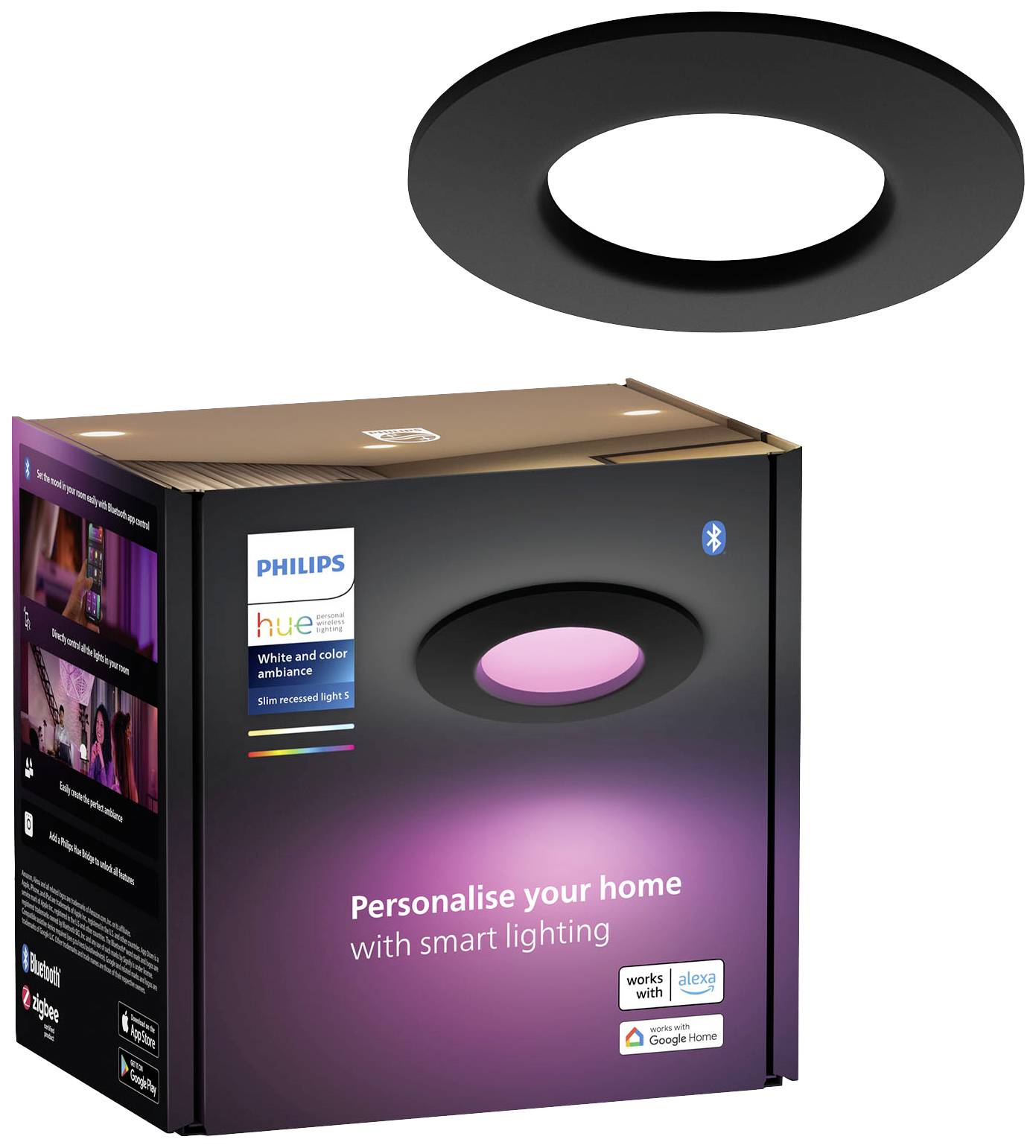 Philips Hue White and Color Ambiance LED-Deckenleuchte in Schwarz, in Originalverpackung. Text auf der Verpackung: 'Personalise your home with smart lighting'.