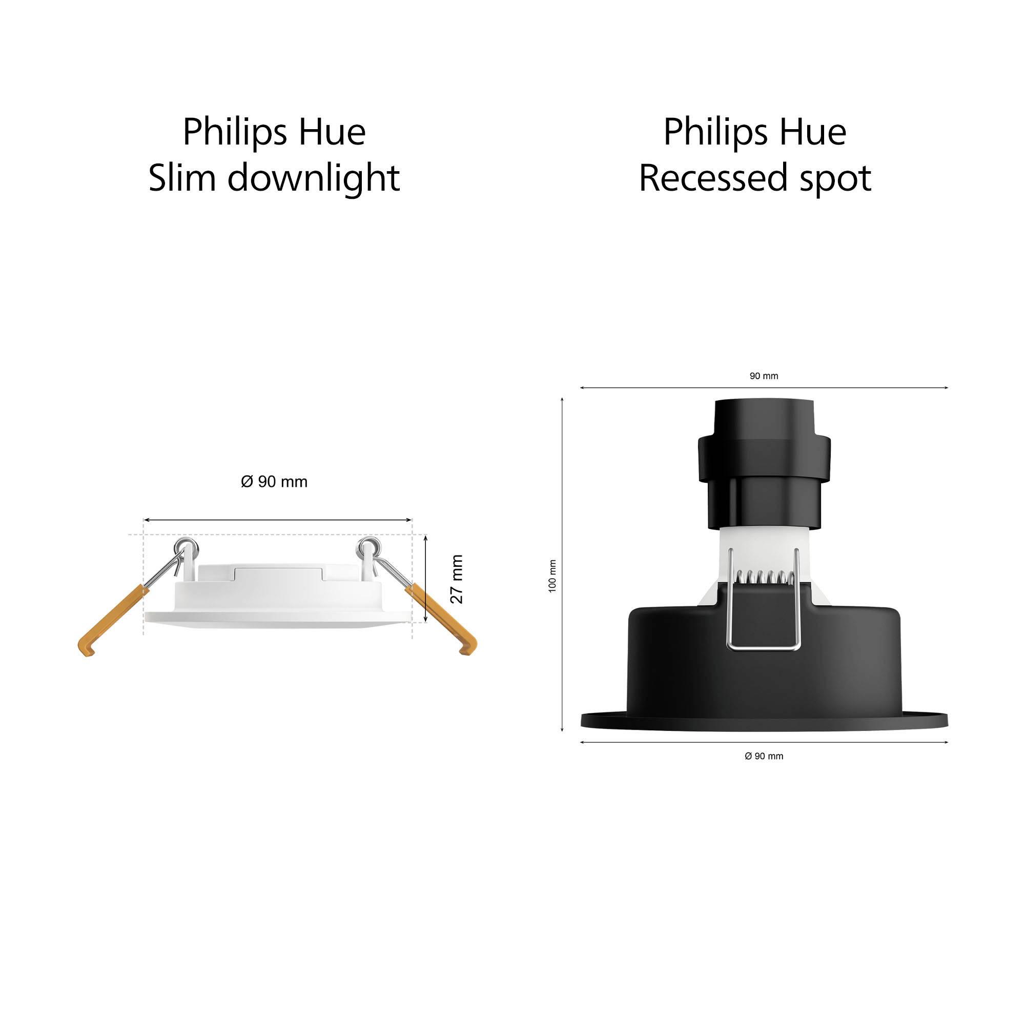 'Philips Hue Slim Downlight' und 'Philips Hue Recessed Spot'. Diagramm zeigt Maße: Downlight 90 mm ø, 27 mm Höhe, Spot 90 mm Breite, 110 mm Höhe.