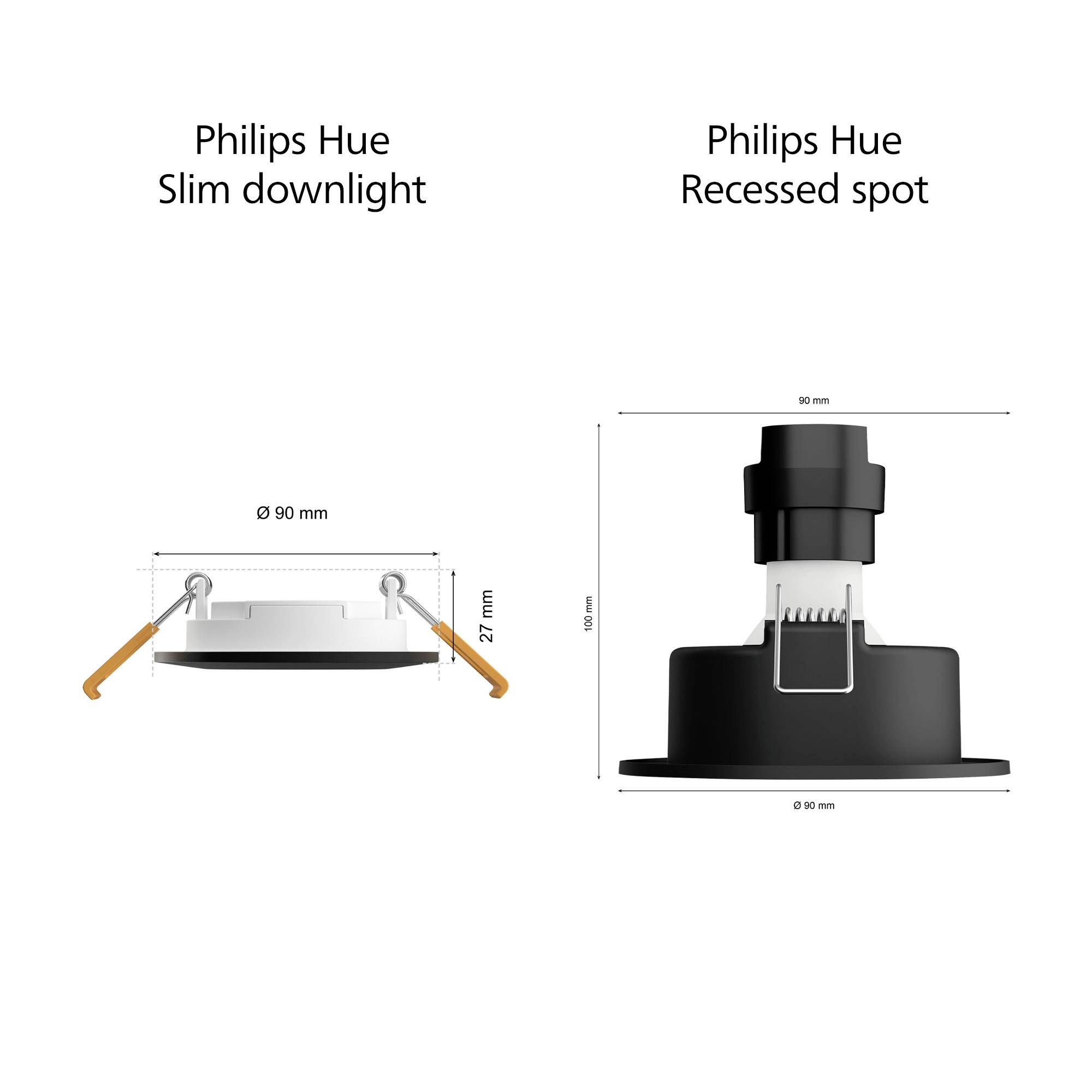 'Philips Hue Slim Downlight' links zeigt ein 90 mm rundes, 27 mm tiefes Licht. Rechts 'Philips Hue Recessed Spot', ebenfalls 90 mm.