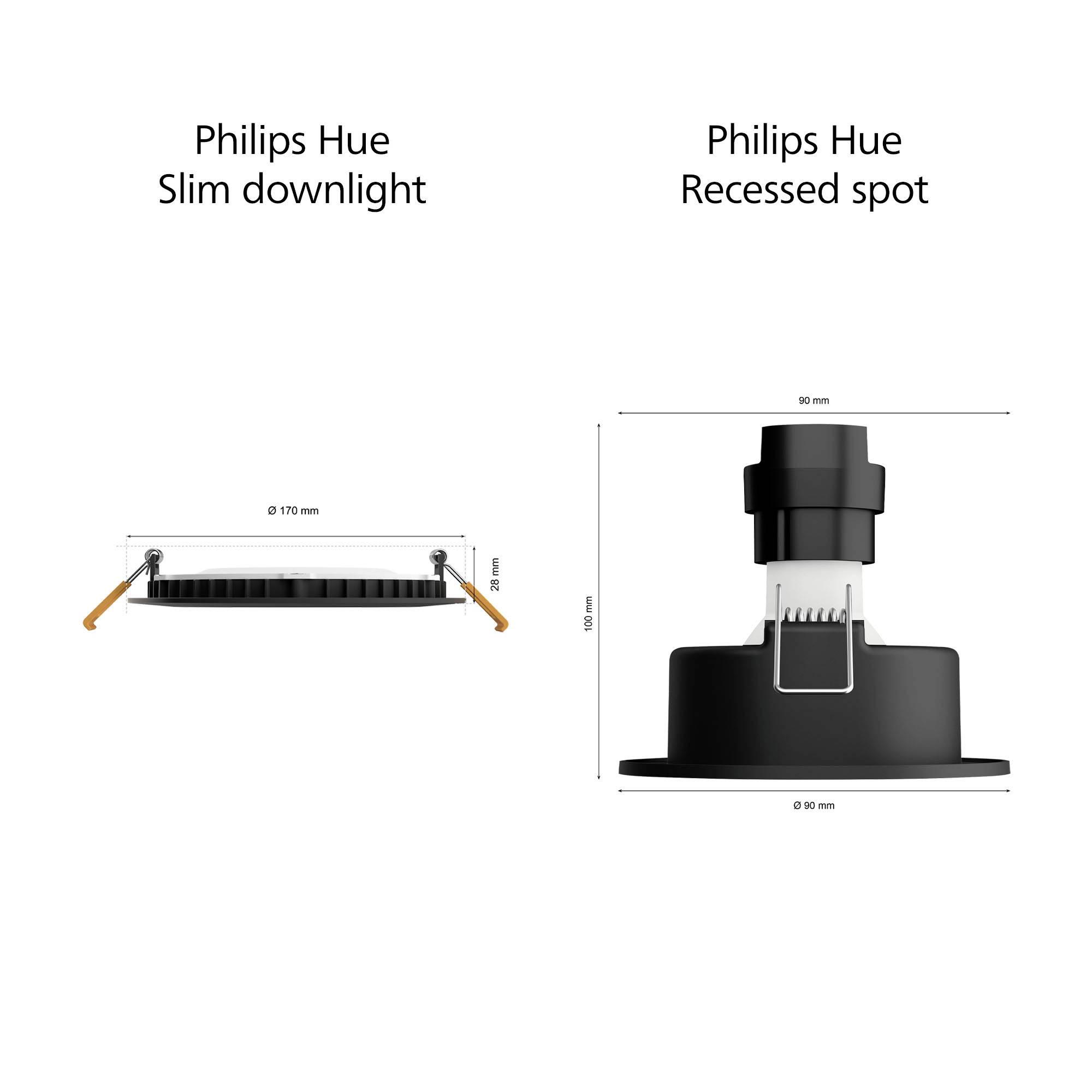 'Philips Hue Slim Downlight': flache, runde Beleuchtungskörper mit 170 mm Durchmesser. 'Philips Hue Recessed Spot': zylinderförmiger, versenkbarer Spot mit 90 mm Durchmesser.