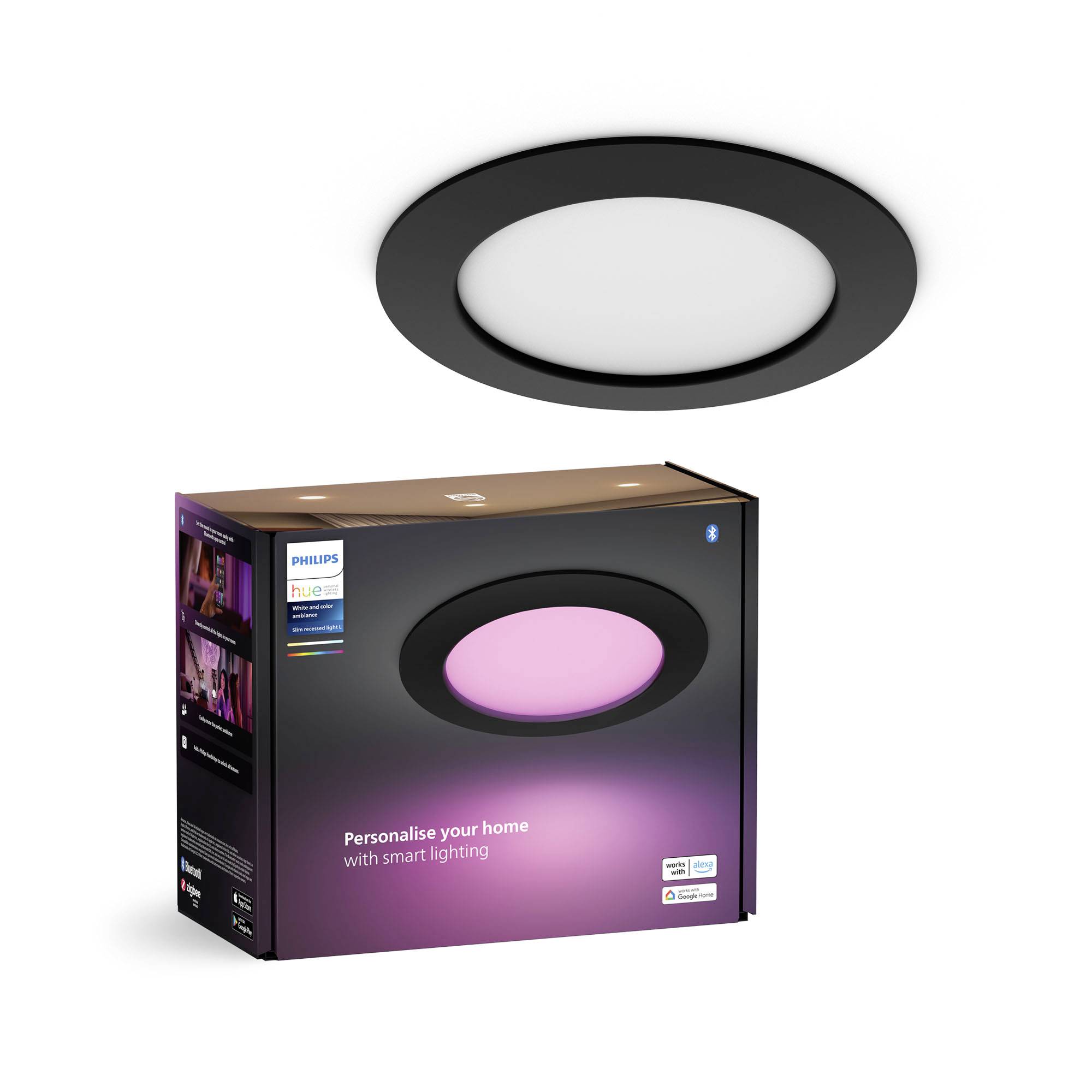 Eine Philips Hue Deckenleuchte mit schwarzem Rand. Die Verpackung zeigt die Leuchte in verschiedenen Lichtfarben.