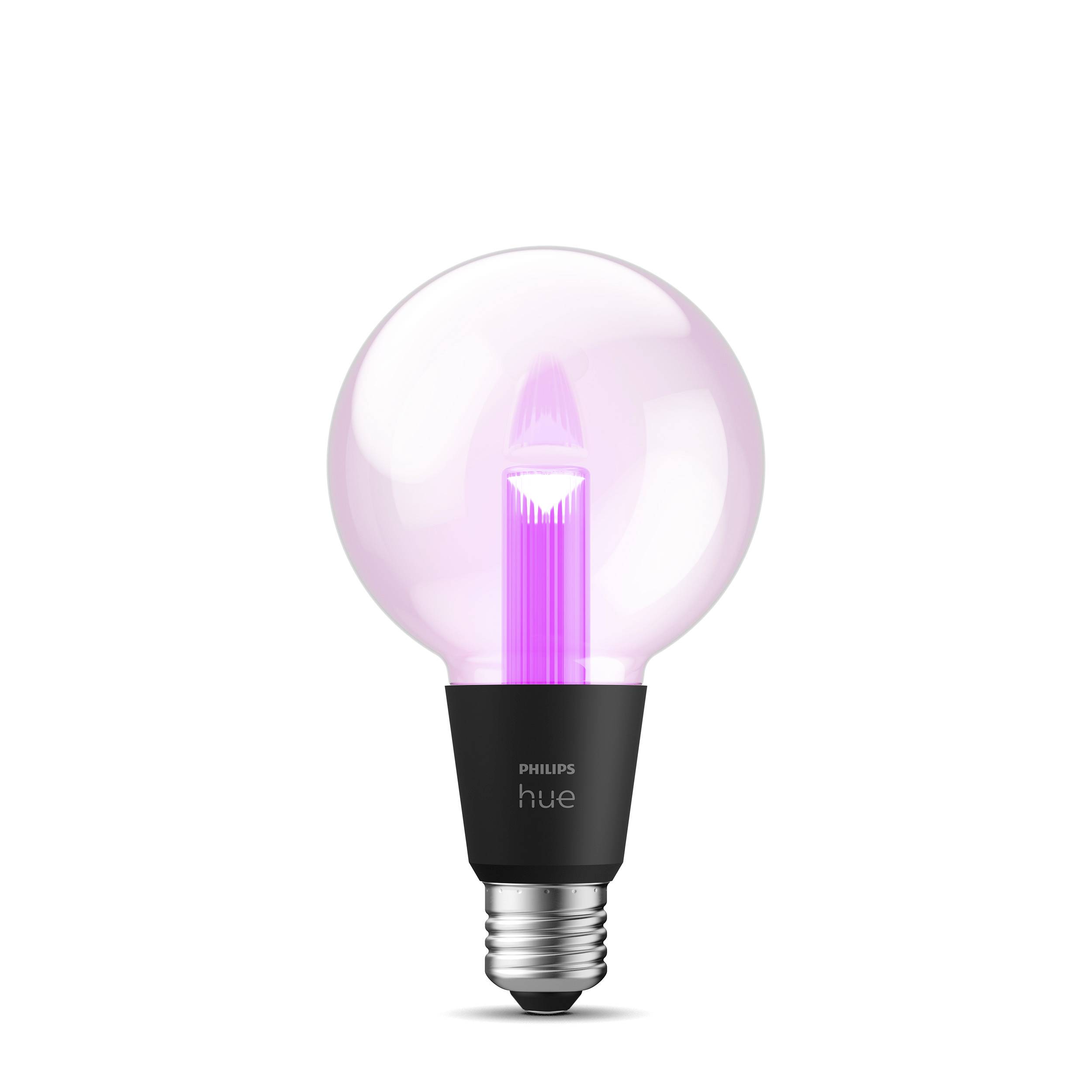 Glühbirne von Philips Hue, leuchtet in einem sanften Rosa. Sie ist eine intelligente Lampe, die zur drahtlosen Steuerung geeignet ist.
