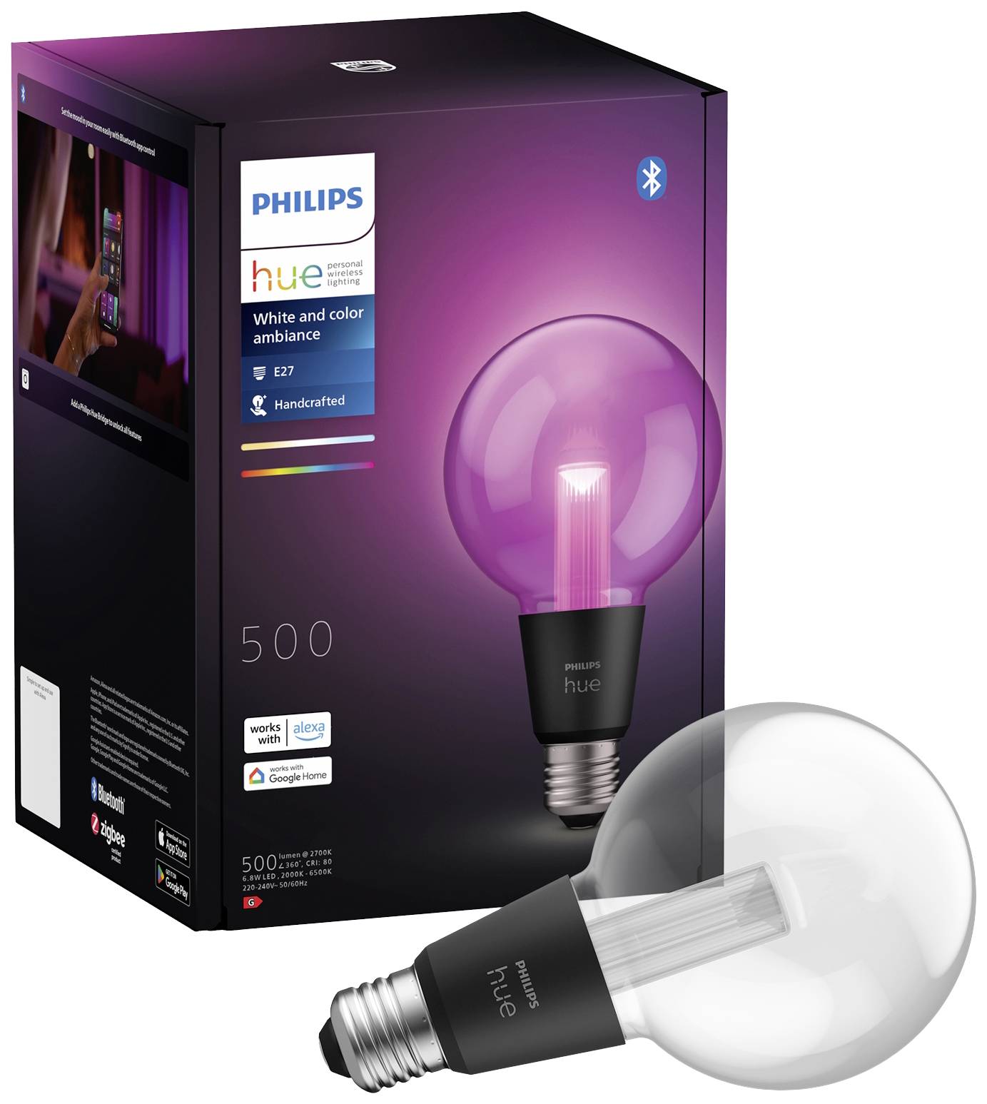 Philips Hue E27 LED-Lampe, variierbare Farb- und Weißtöne, Bluetooth-Steuerung. Verpackung zeigt bunt beleuchtetes Zimmer.