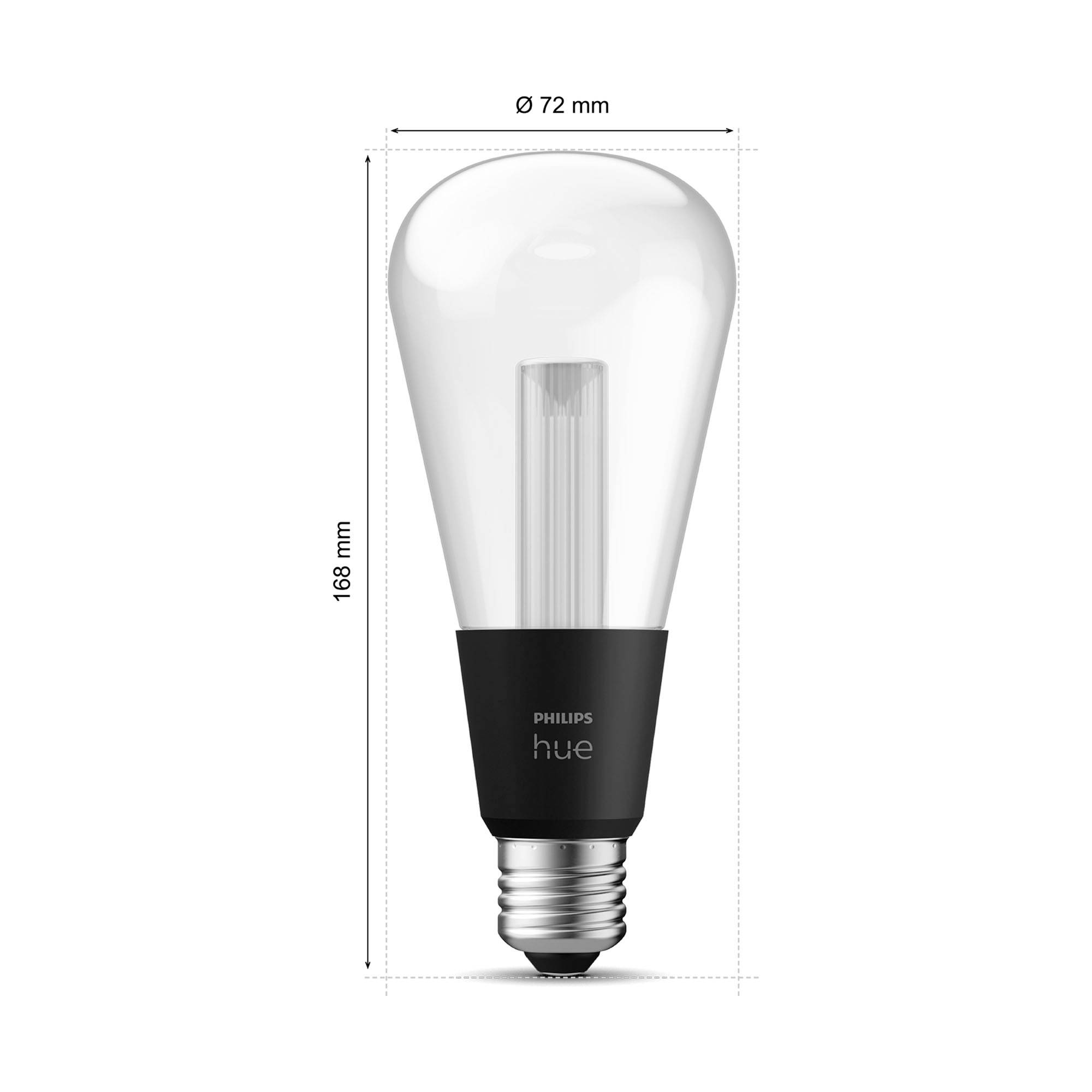 Eine transparente Glühbirne mit schwarzem Sockel, beschriftet als 'Philips Hue'. Maße: Höhe 168 mm, Durchmesser oben 72 mm.