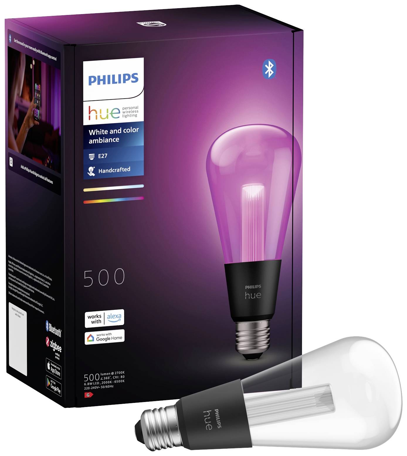 Philips Hue LED-Lampe in Lila-Rot, Verpackung zeigt Kompatibilität mit Alexa und Google Home für individuelle Farblichtstimmungen.