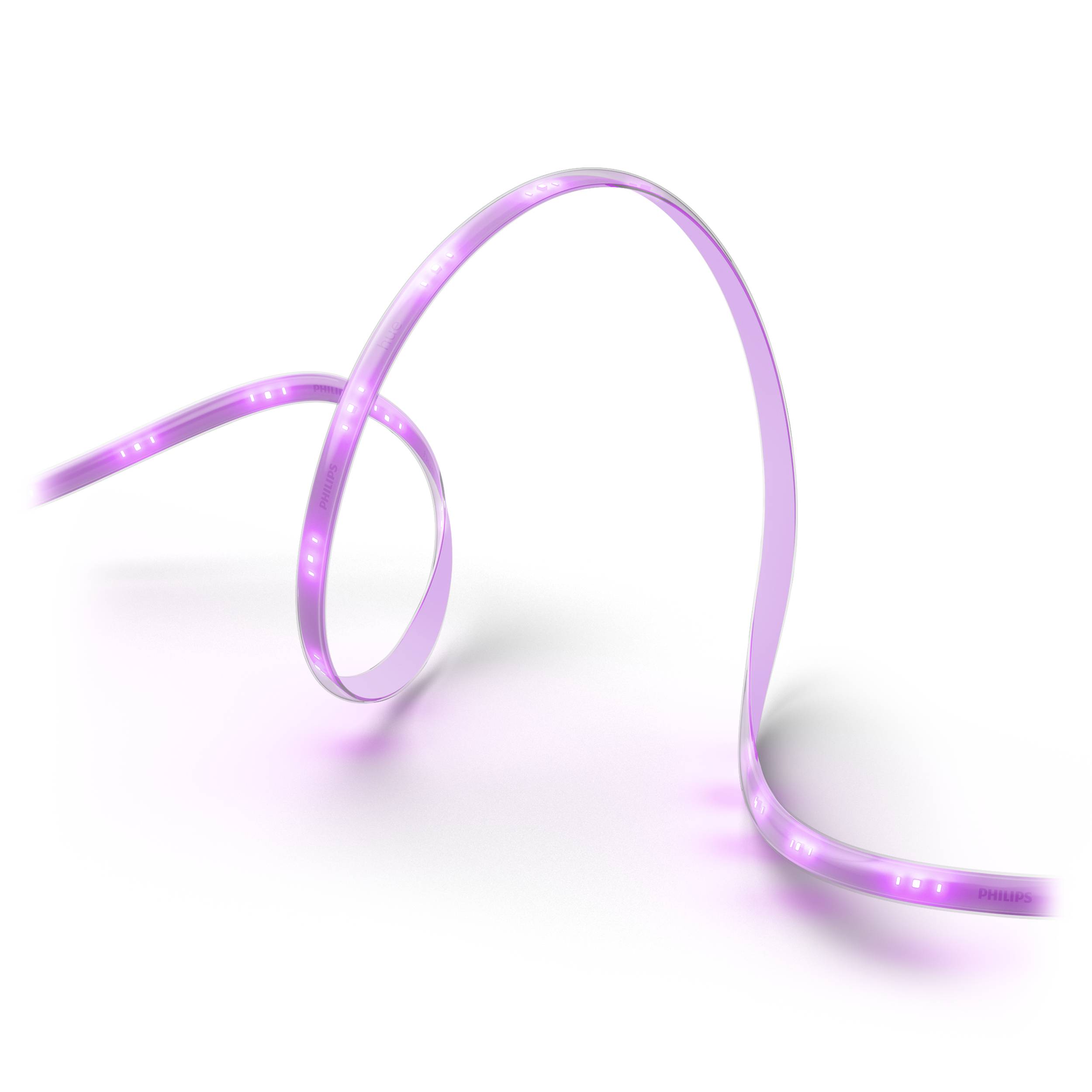 Ein flexibles LED-Lichtband leuchtet in violettem Licht auf weißem Hintergrund.