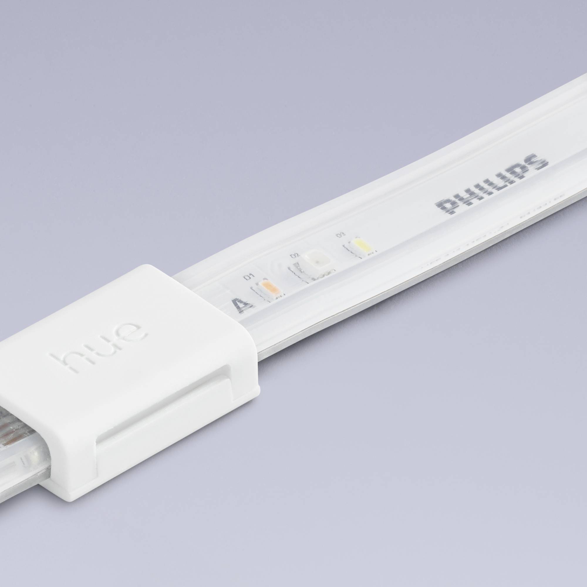 Nahaufnahme eines Philips Hue LED-Lichtbands mit weißem Gehäuse und sichtbaren LEDs, geeignet zur individuellen Beleuchtung.