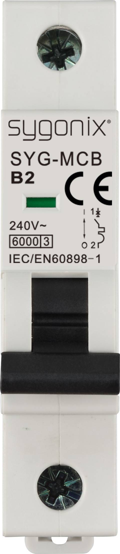 Elektrischer Schutzschalter von sygonix, Modell SYG-MCB B2, geeignet für 240V, 6000A. Entspricht der Norm IEC/EN60898-1.