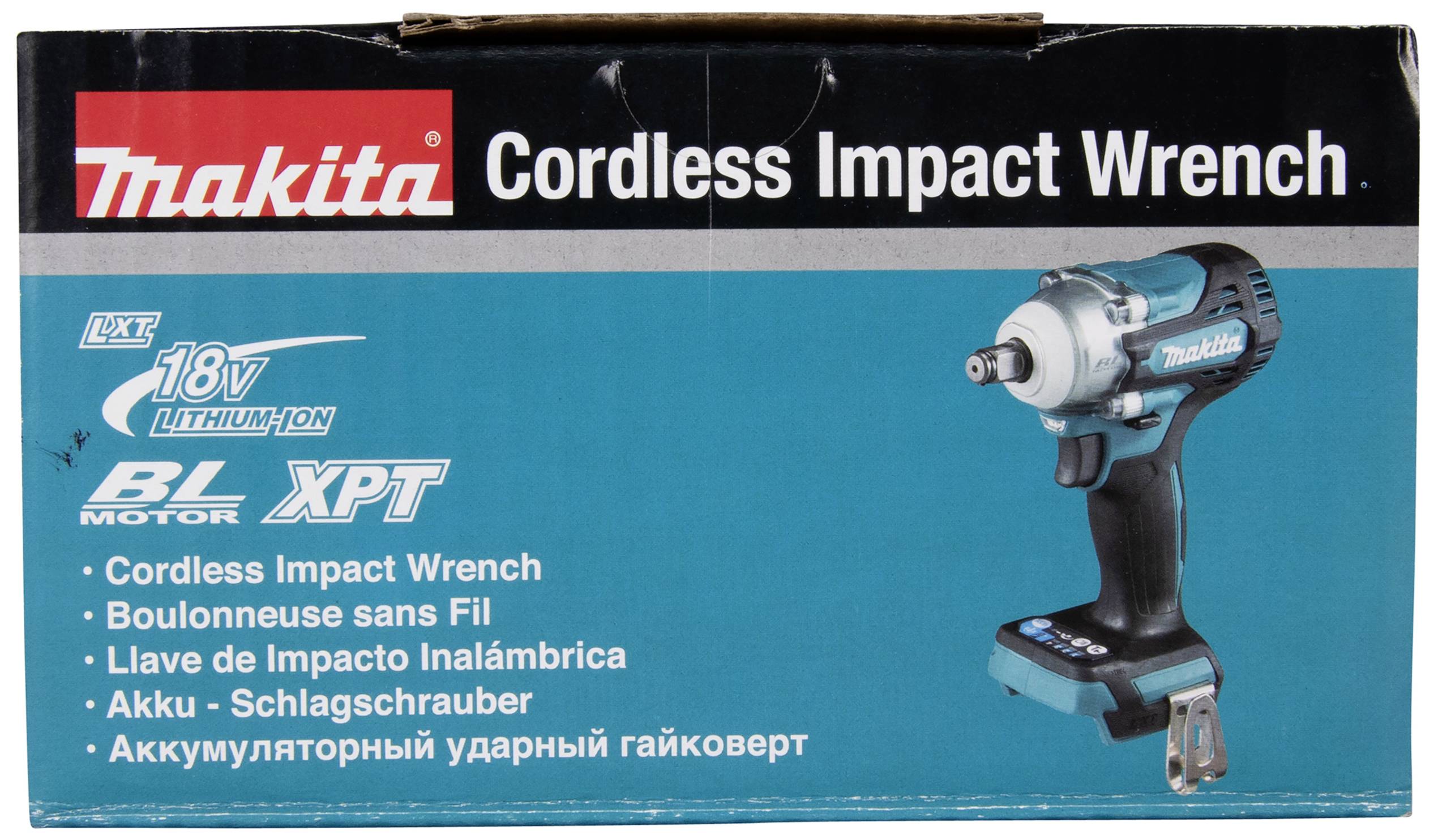 Verpackung eines kabellosen Schlagschraubers von Makita mit LXT 18V und BL Motor. Text auf mehreren Sprachen.