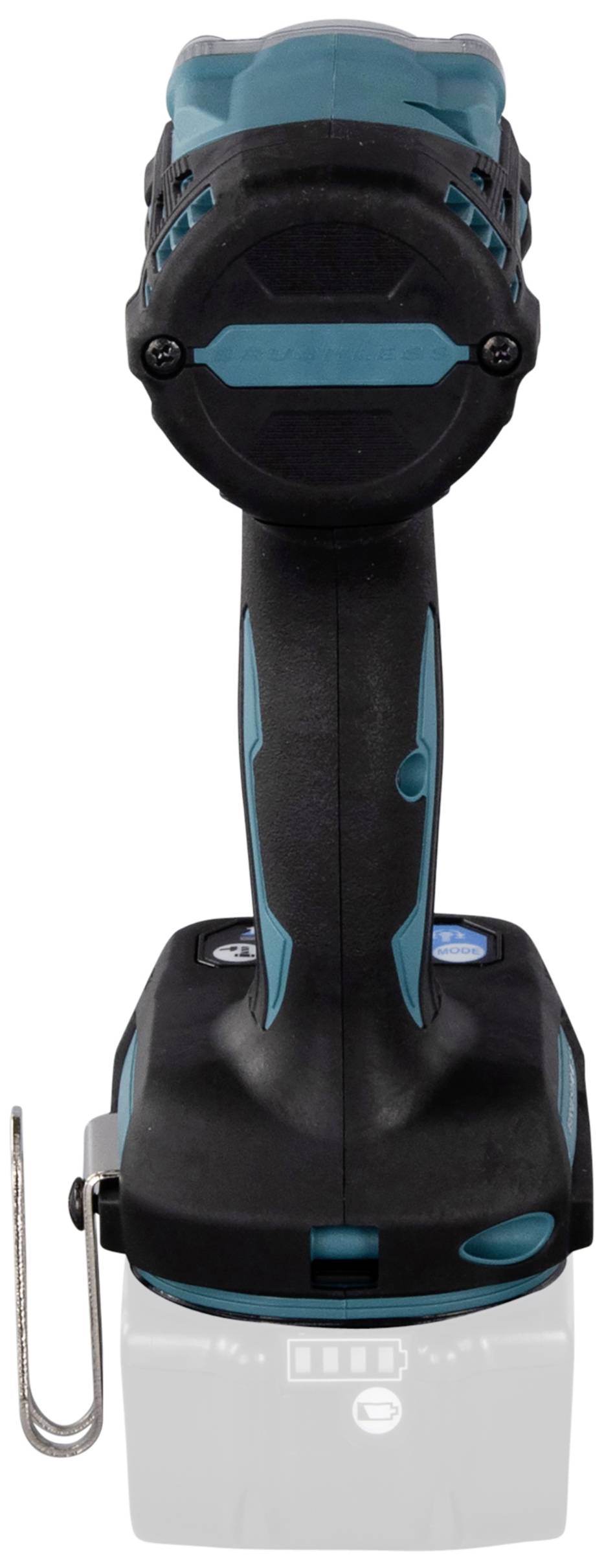 Akkuschrauber von hinten, zeigt Griff mit blau-schwarzem Design und Metallhaken an der Seite. Keine sichtbaren Markennamen.