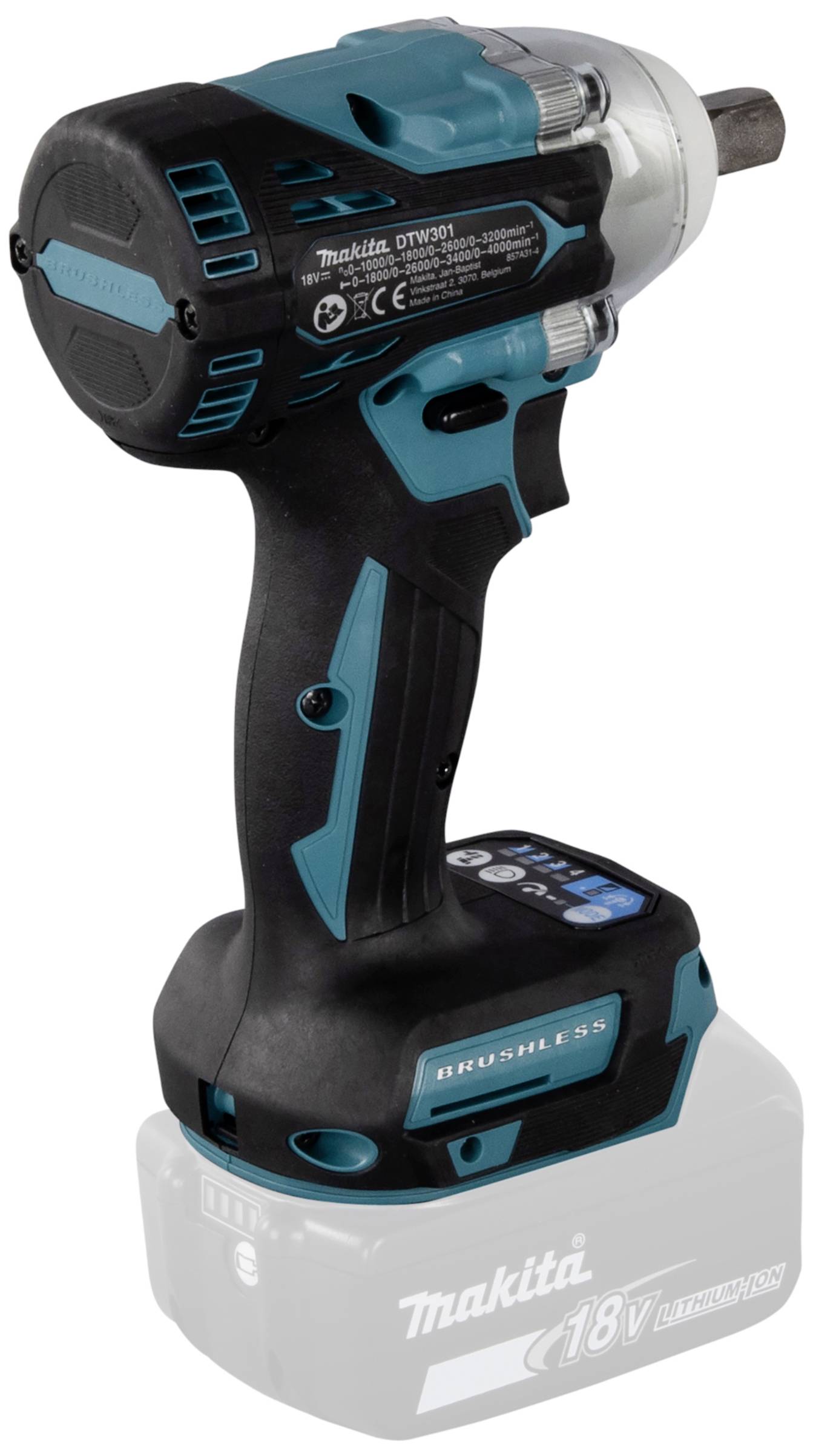 Akkuschlagschrauber mit blau-schwarzem Gehäuse, 18V Lithium-Ionen-Akku. Markennamen und technische Symbole sichtbar.